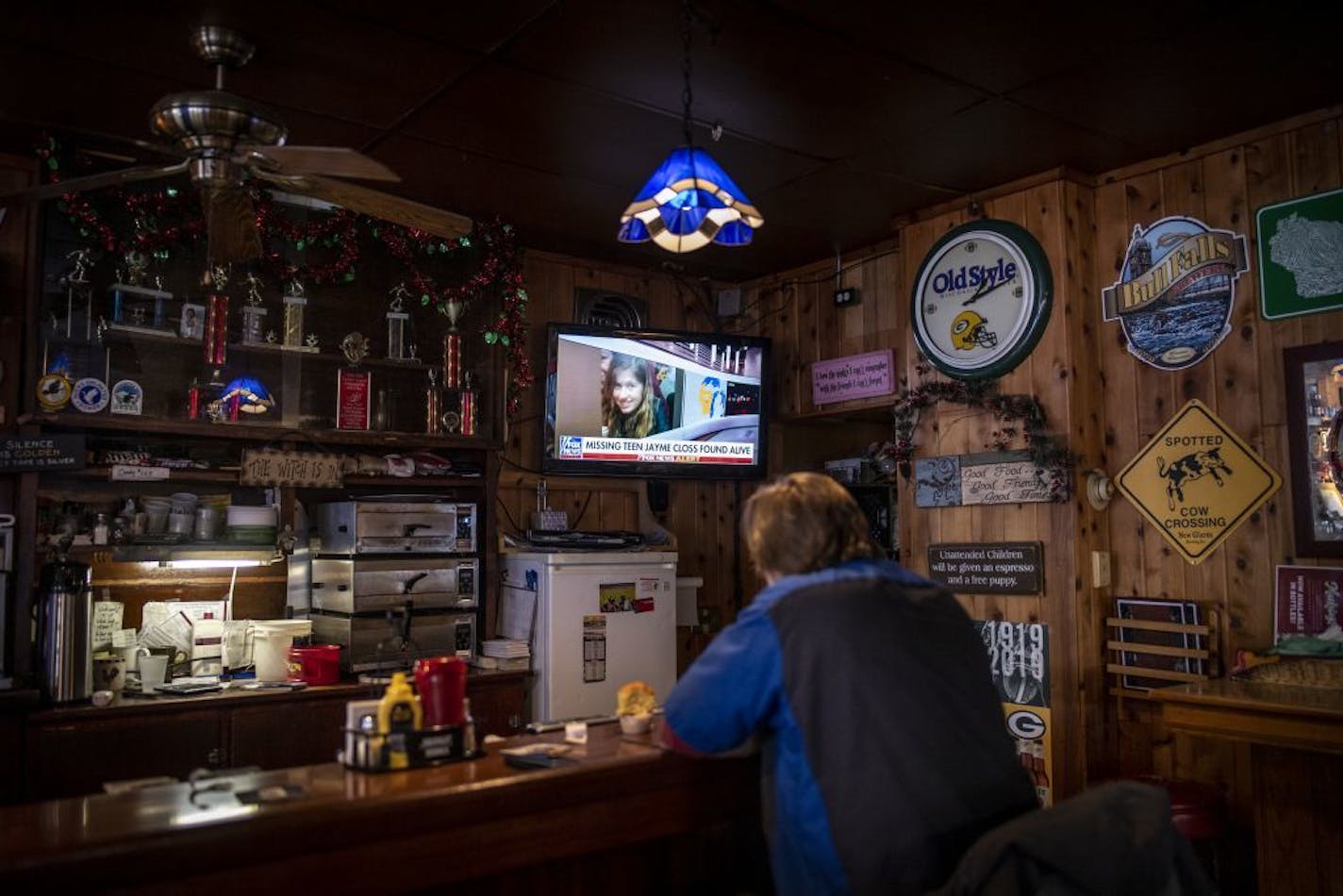 A patron at Kate's Bar in Barron watched Fox News during a segment about 13-year old Jayme Closs, who escaped from captivity a day earlier in a remote rural area of northern Wisconsin 88 days after she was kidnapped and her parents were murdered. .