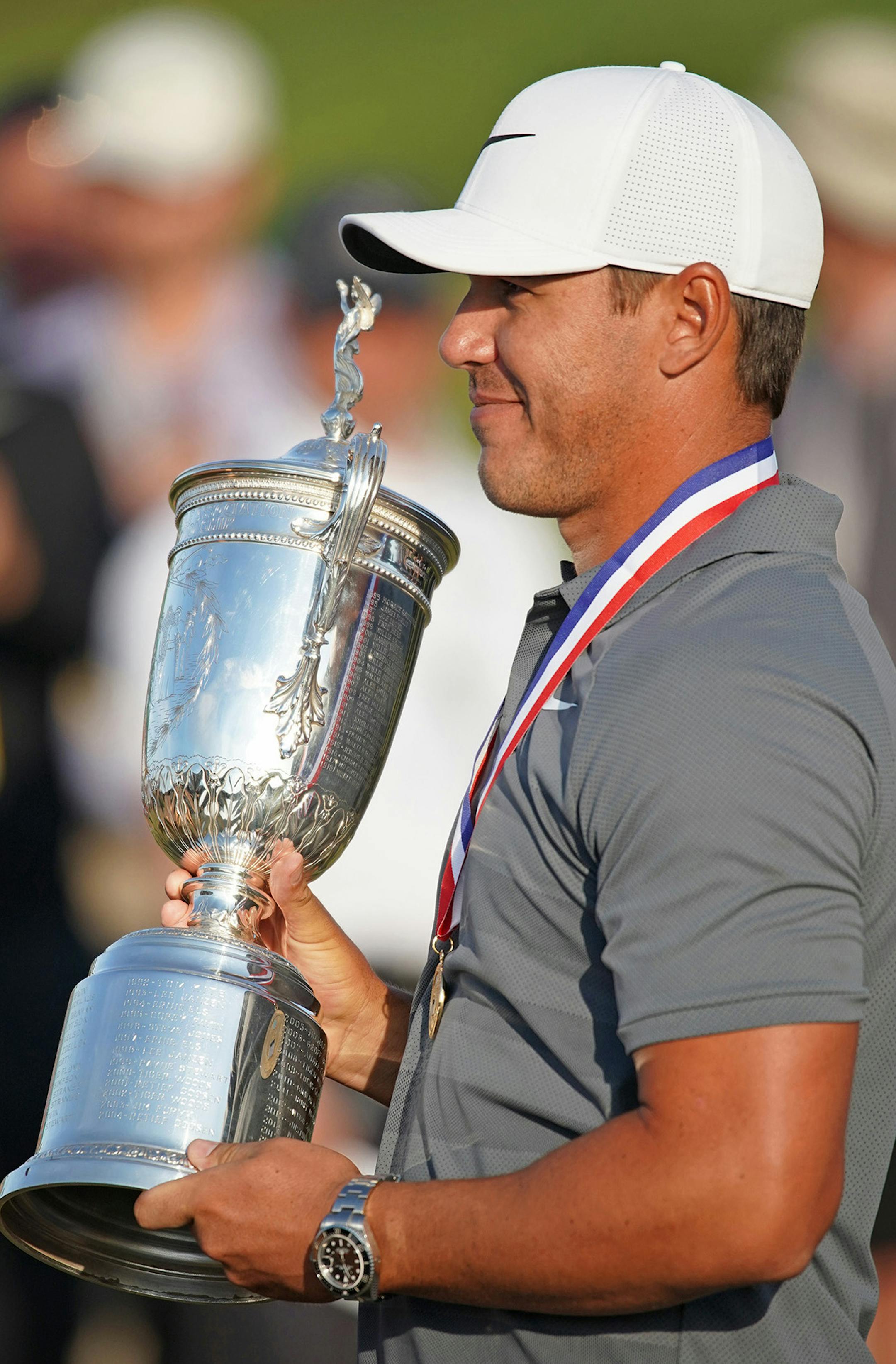 Brooks Koepka poses with the U.S. Open trophy after winning the tournament on June 17, 2018, at Shinnecock Hills Country Club in Southampton, N.Y. (Brian Ciancio/TNS) ORG XMIT: 1335273