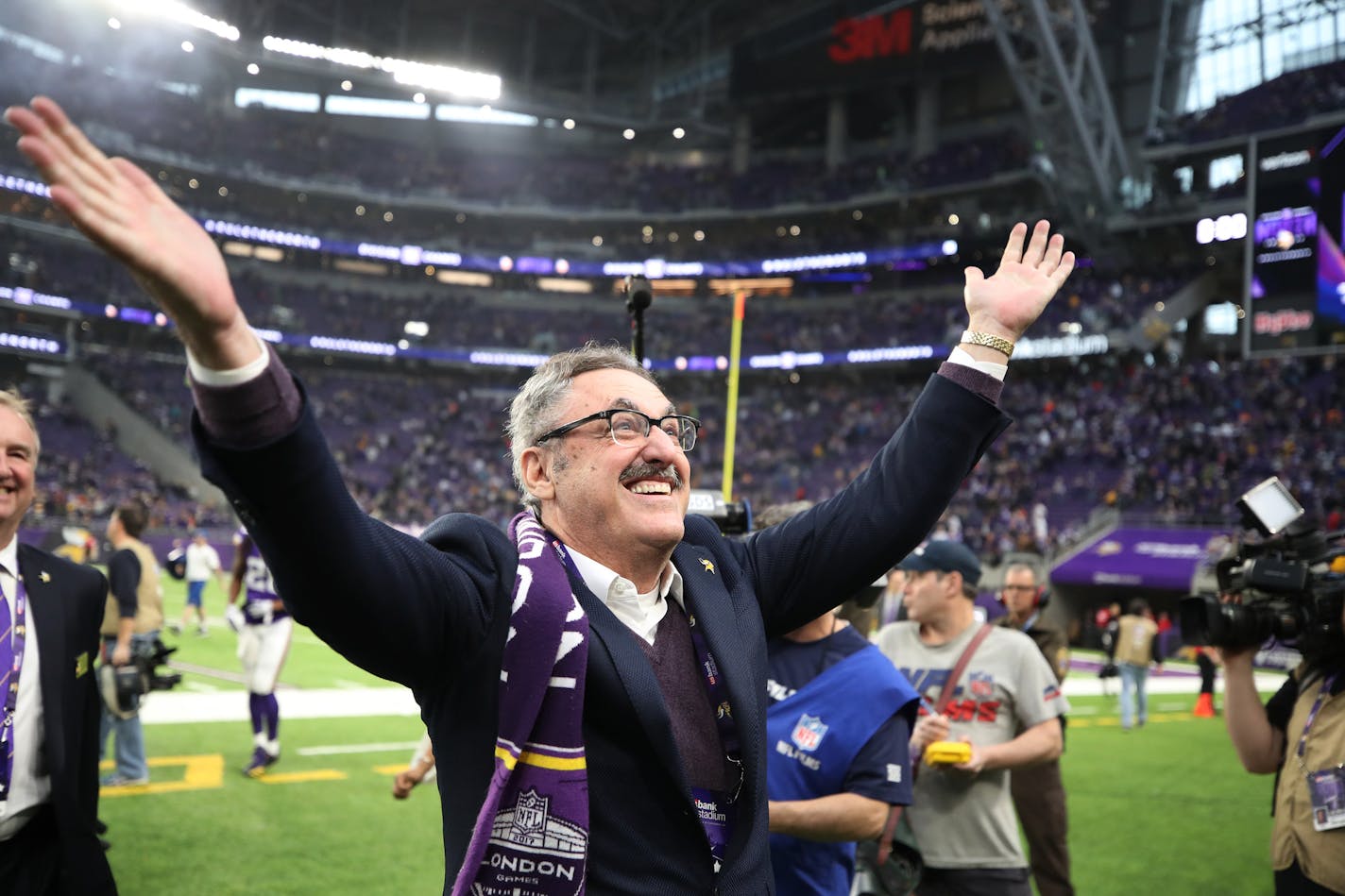 Vikings owner Zygi Wilf, shown celebrating after his team clinched the NFC North championship in December, will host a party for NFL owners during Super Bowl festivities with Sting performing.