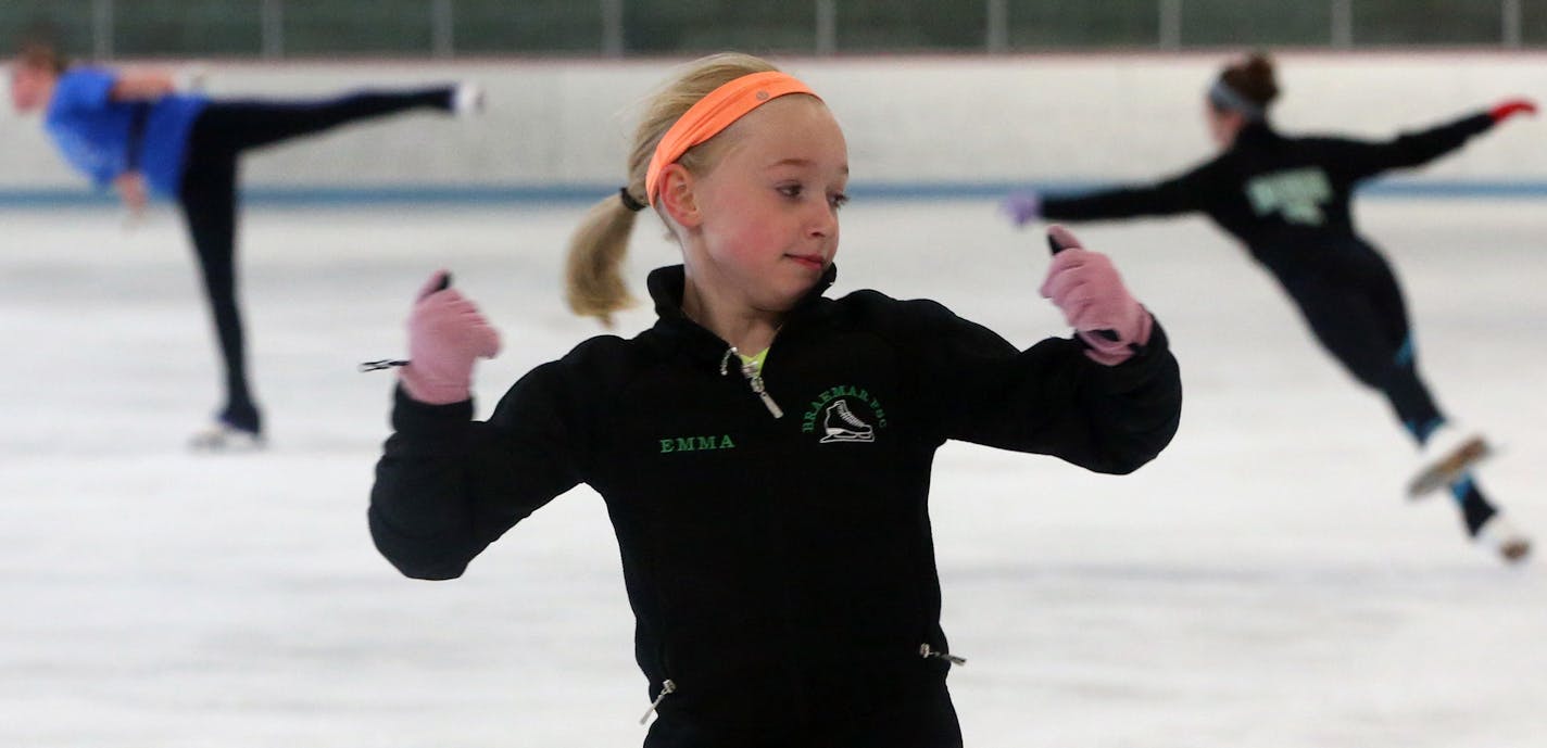 (center) Emma Richards, age-10 practiced with her coach, Sarina David, at one of the rinks at Braemar Arena in Edina on 7/18/13. Skating may be skating, but it appears that in Edina hockey and figure skating do not mix. There's a proposal to cut the ice time of the Braemar City of Lakes Figure Skating Club because so many participants are not Edina residents, allowing more time for the Edina Hockey Association. The figure skating club is fighting the proposal, saying it would endanger the club's