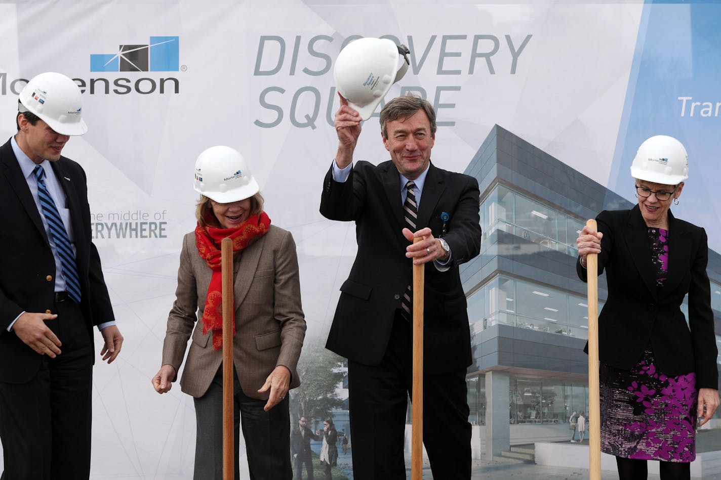 Dr. John Noseworthy of the Mayo Clinic tipped his hardhat to the crowd following an outdoor groundbreaking of Discovery Square. ] ANTHONY SOUFFLE &#xef; anthony.souffle@startribune.com Officials held a groundbreaking Thursday, Nov. 2, 2017 at mark the start of construction of the "Discovery Square," a 16-block portion of downtown where the Mayo Clinic intends to create a hub of medical innovation in Rochester, Minn. The project is a key piece to the $5.6 billion Destination Medical Center projec