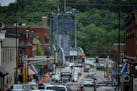 Friday afternoon traffic fills the two blocks of Chestnut Street, leading to the old lift bridge, in Stillwater on May 19, 2017.
