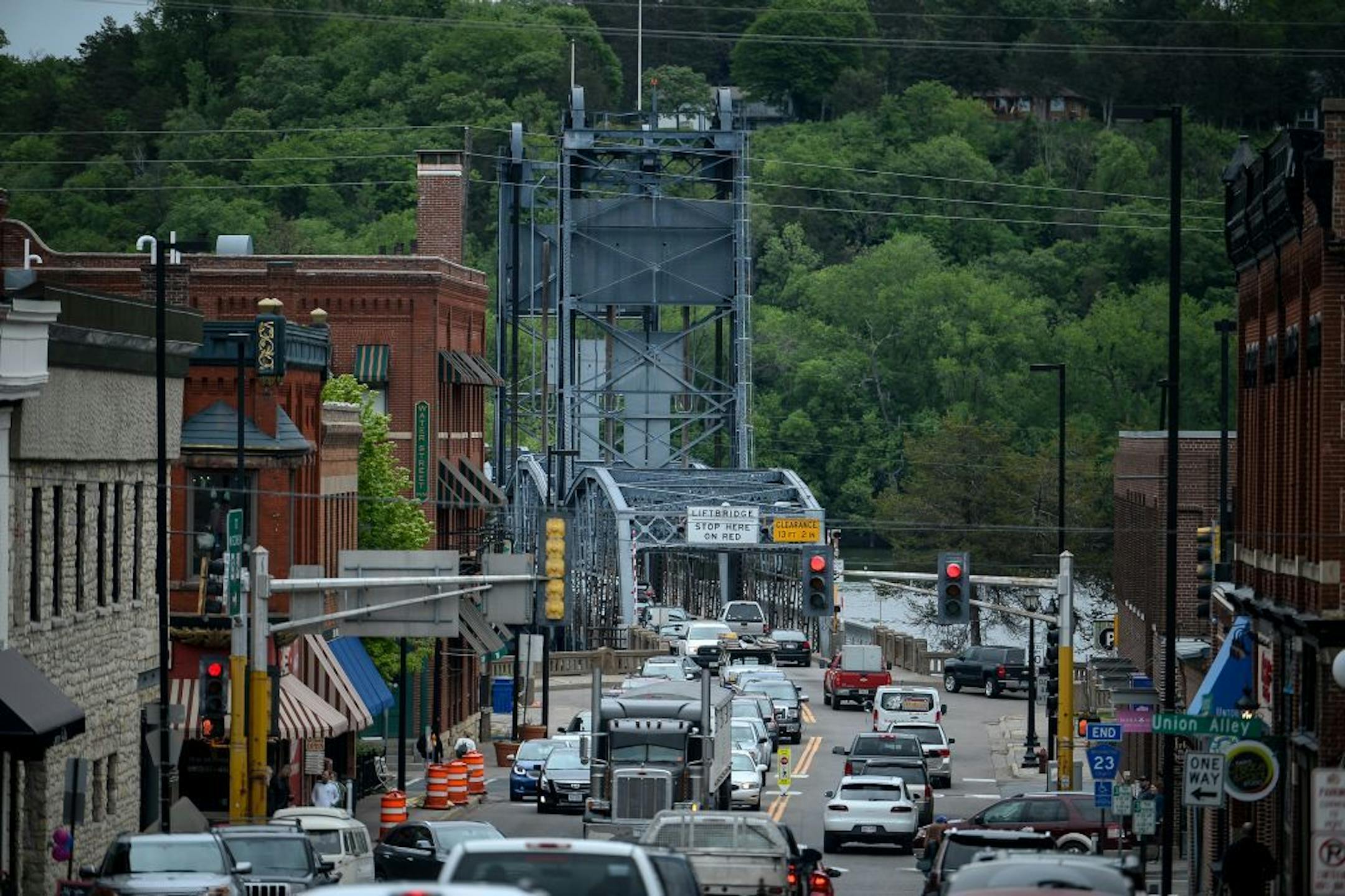 Friday afternoon traffic fills the two blocks of Chestnut Street, leading to the old lift bridge, in Stillwater on May 19, 2017.