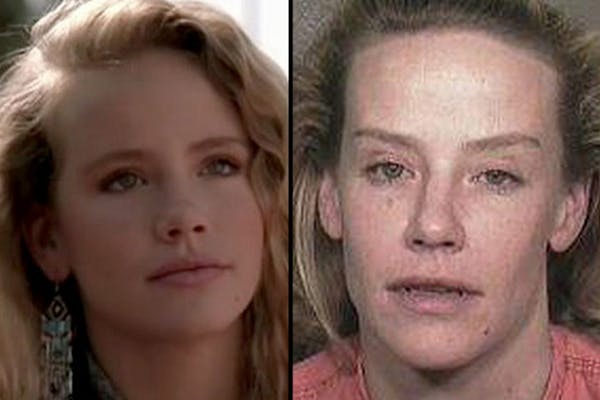 Amanda Peterson is shown in the 1980s film "Can't Buy Me Love," left, and in a recent booking photo.