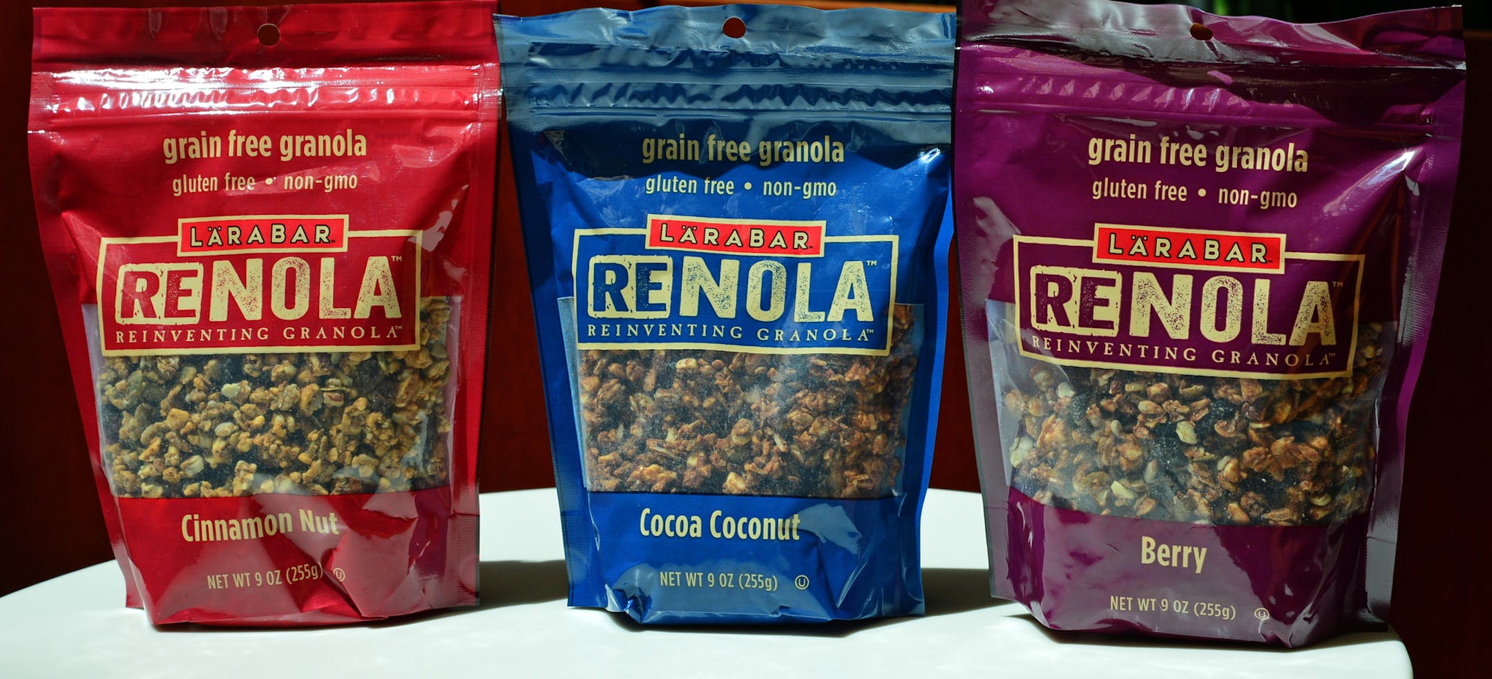 ]General Mills is hoping to capitallize on the popularity of protein and gluten-free foods with some of its new products hitting the shelves. One of them is granola without grain, called Renola, and the other is a granola with pea protein. Richard.Sennott@startribune.com Richard Sennott/Star Tribune Golden Valley Minn. Wednesday 7/9/2014) ** (cq)