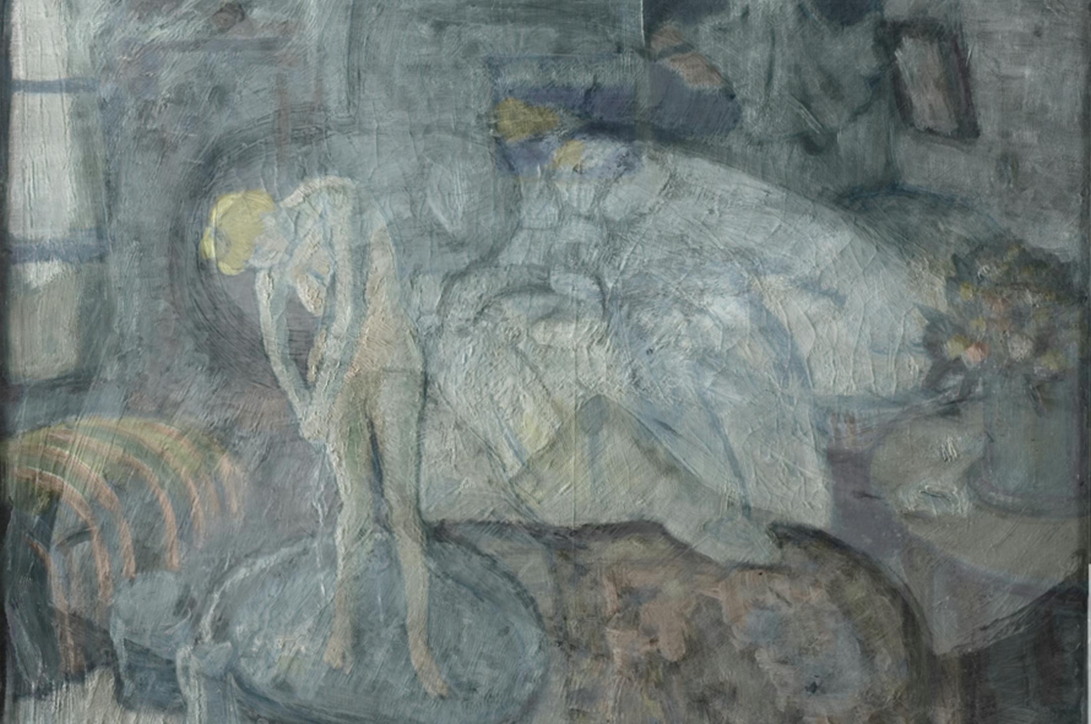 This undated handout image provided by The Phillips Collection shows the overlay of Picasso’s The Blue Room, painted in 1901. Scientists and art experts have found a hidden painting beneath the painting. Advances in infrared imagery reveal a bow-tied man with his face resting on his hand, with three rings on his fingers. Now the question that conservators at The Phillips Collection in Washington hope to answer is simply: Who is he? It’s a mystery that’s fueling new research