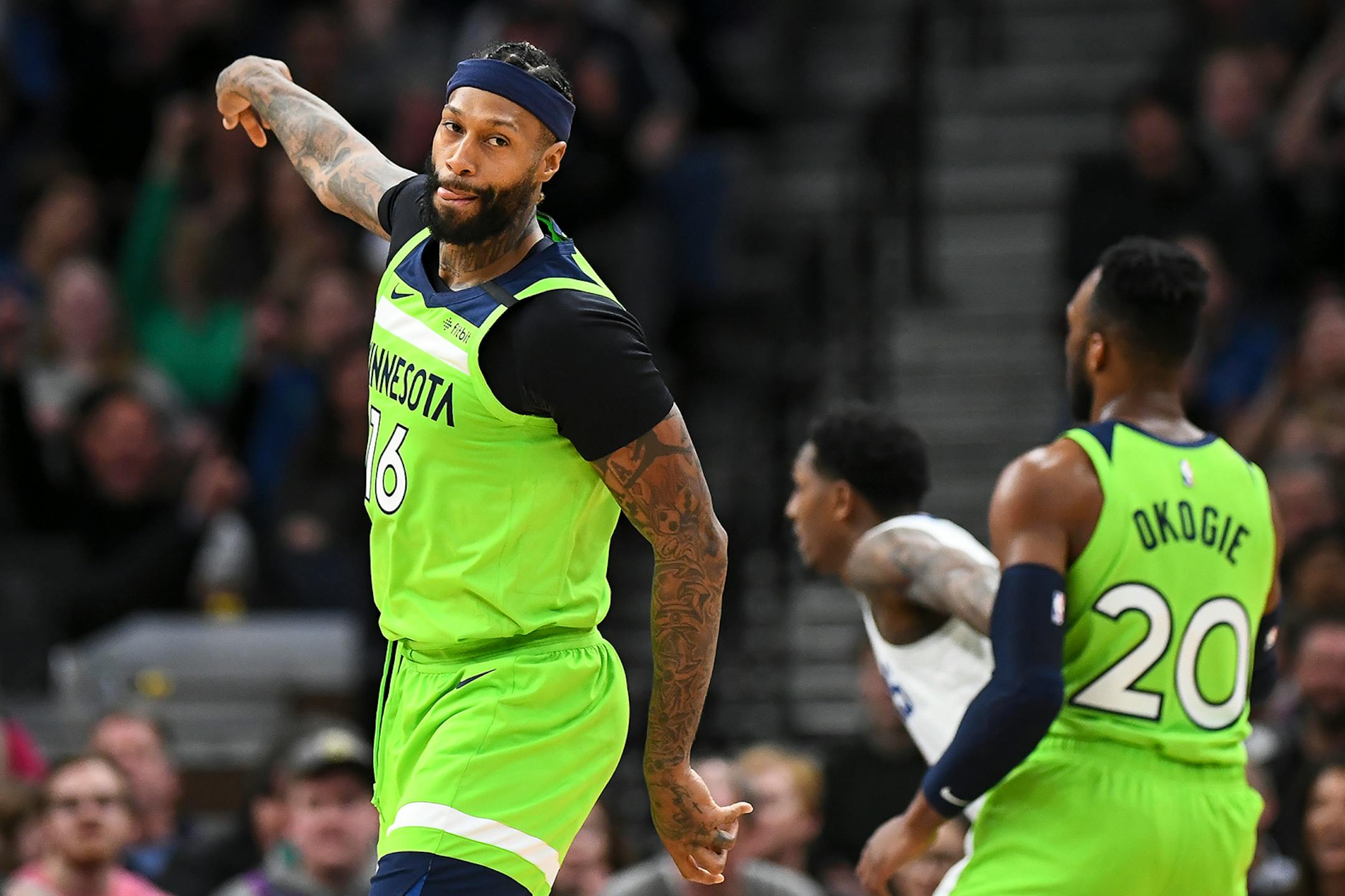 Minnesota Timberwolves forward James Johnson (16) reacted after scoring a basket in the second half.
