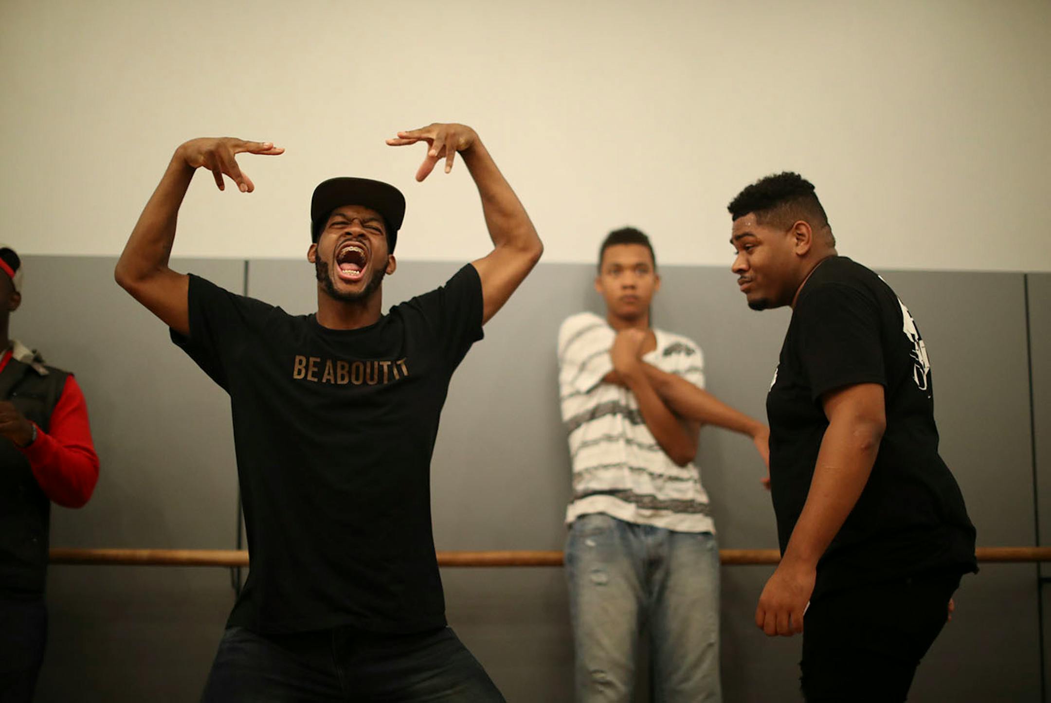 Herbert "Jus Herb" Johnson, left, showed Robert "Mosi" King some Krump moves during the jam session.