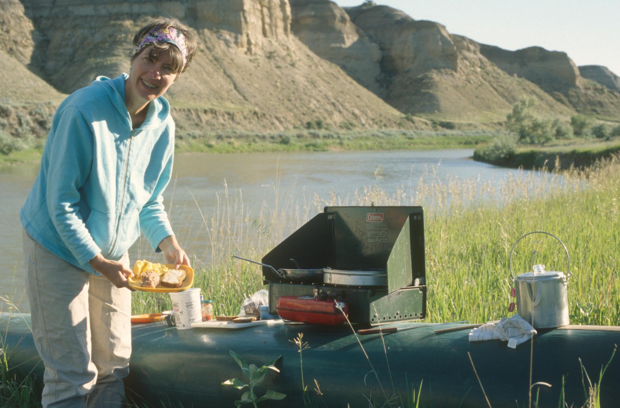 Author Sue Leaf and her canoe cook setup on the Havre River, Montana.