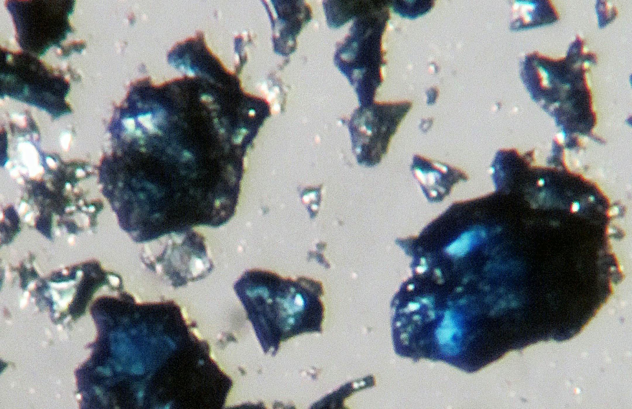 Crystals of blue hydrous ringwoodite like these, synthesized in a high-pressure lab experiment, were used to help identify the diamond in the Earth&#xed;s mantle. The discovery may help us to better understand the mechanics of earthquakes and volcanoes. Illustrates EARTH (category I), by Brian Palmer (c) 2014, Slate. Moved Monday, March 17, 2014. (MUST CREDIT: Courtesy of Steve Jacobsen/Northwestern University.)