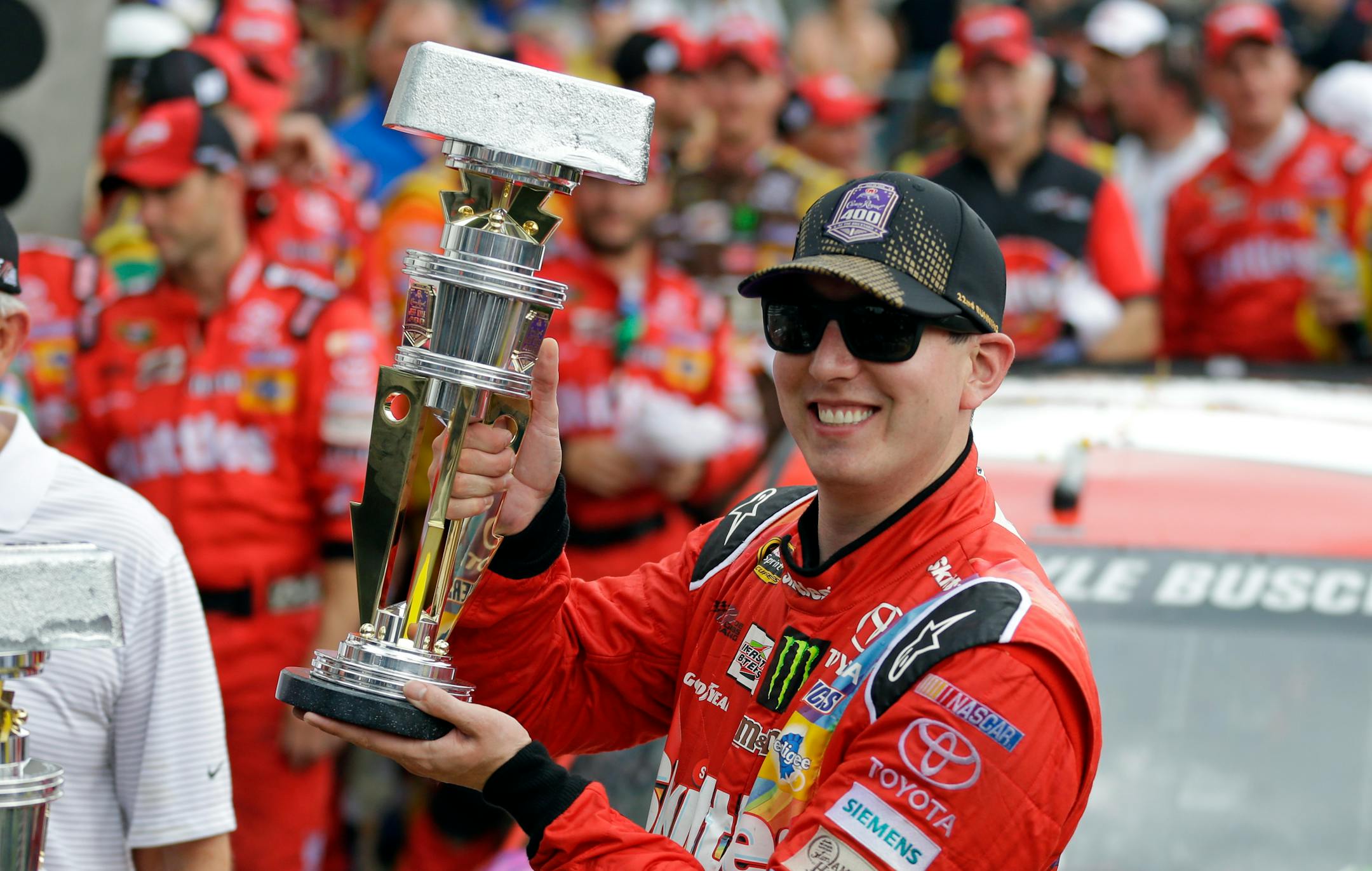 Kyle Busch celebrated after winning the NASCAR Brickyard 400 at Indianapolis Motor Speedway on Sunday.