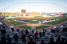 The St. Paul Saints stood for the national anthem before their home opener in 2021. On Saturday, they played their 2024 home opener at CHS Field.