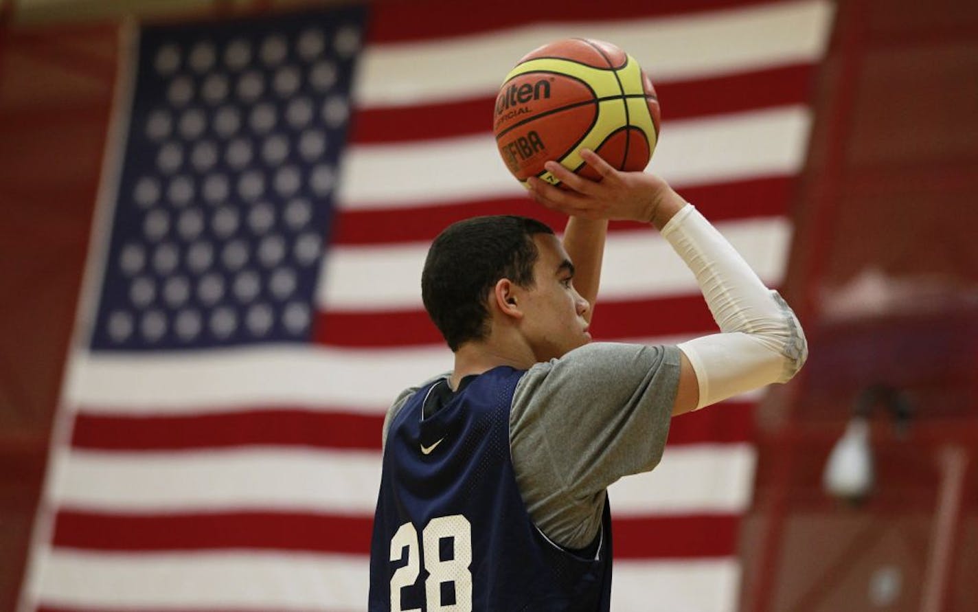 Tyus Jones 15, worked on his jump shot during tryouts at the Olympic Training Center in Colorado Springs, Co.