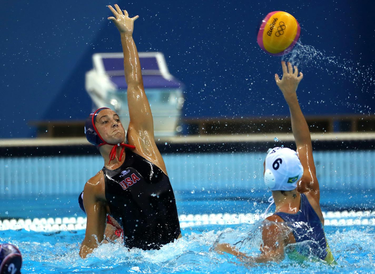 The U.S. women's water polo team secured a semifinal berth with a 13-3 victory over Brazil Monday afternoon at the Olympic Aquatics Stadium. The U.S. went on top just 75 seconds into the match with the first of 13 unanswered goals during the first three quarters. Brazil scored three times in the last six minutes for the final tally. ] 2016 Summer Olympic Games - Rio Brazil brian.peterson@startribune.com Rio de Janeiro, Brazil - 08/15/2016