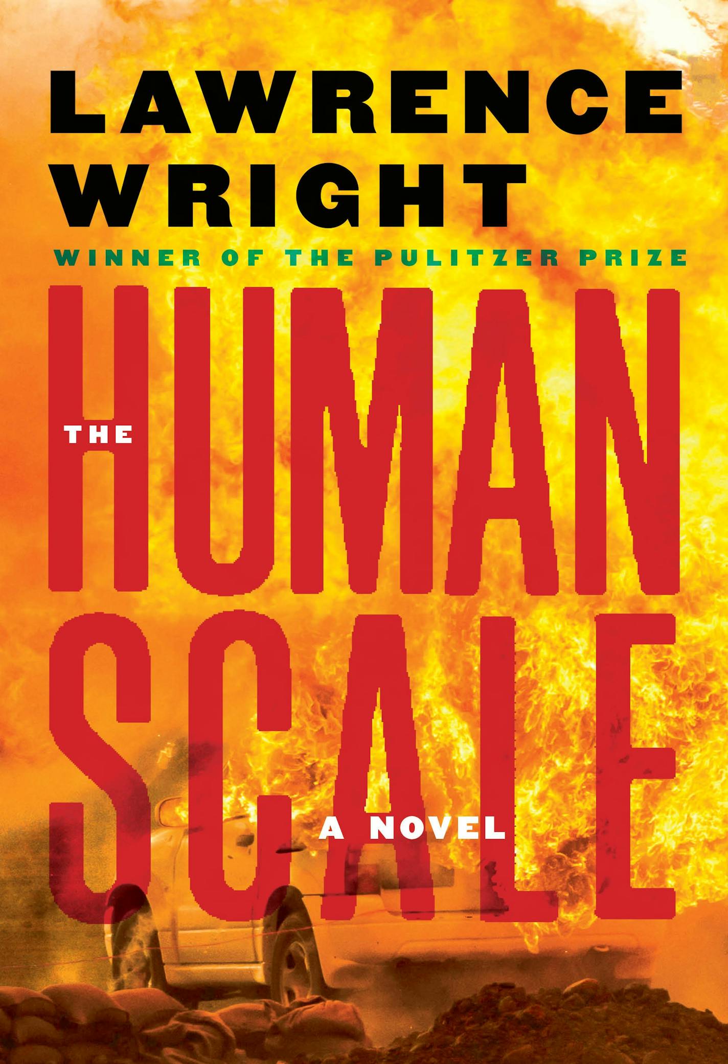 cover of The Human Scale is a yellow-orange photo of a car on fire