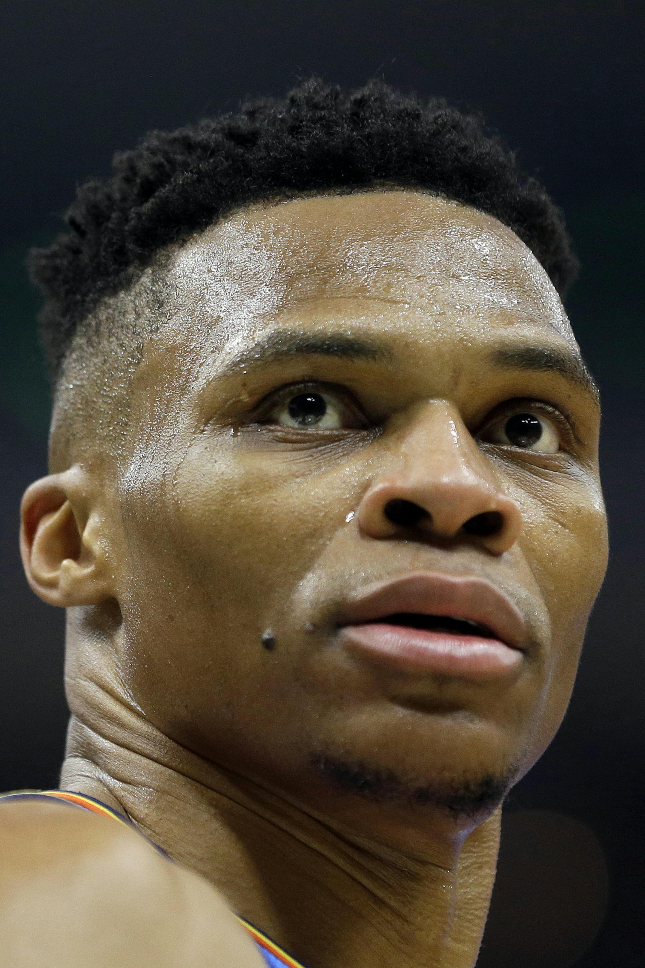 Oklahoma City Thunder's Russell Westbrook during the second half of an NBA basketball game against the Milwaukee Bucks Wednesday, April 10, 2019, in Milwaukee. (AP Photo/Aaron Gash) ORG XMIT: WIAG1