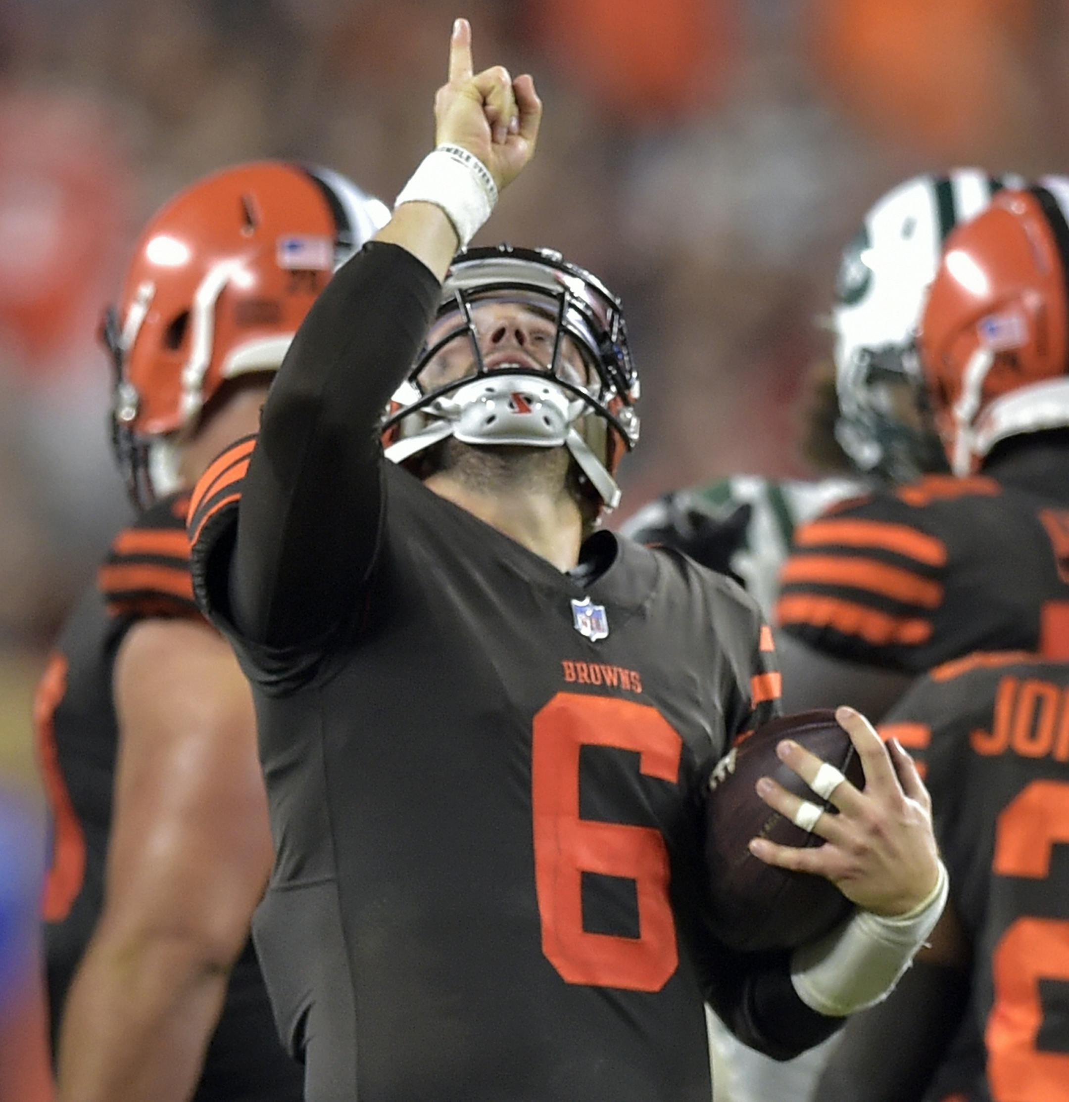 Cleveland Browns quarterback Baker Mayfield celebrates after the final play of an NFL football game against the New York Jets, Thursday, Sept. 20, 2018, in Cleveland. The Browns won 21-17. (AP Photo/David Richard)