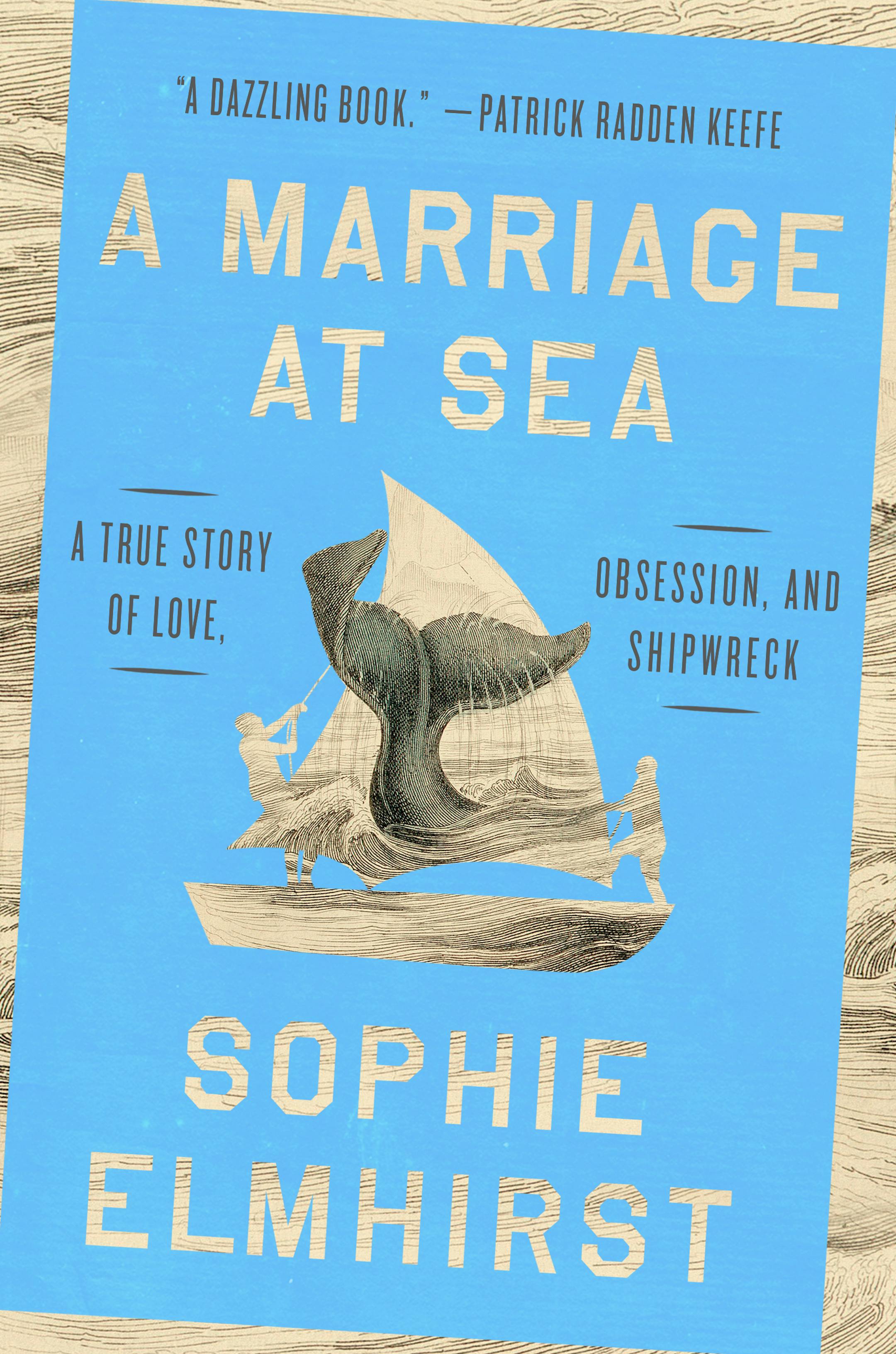 against an ocean blue background, cover of A Marriage at Sea has an old-timey, etched loking illustration of a sailboat and a whale
