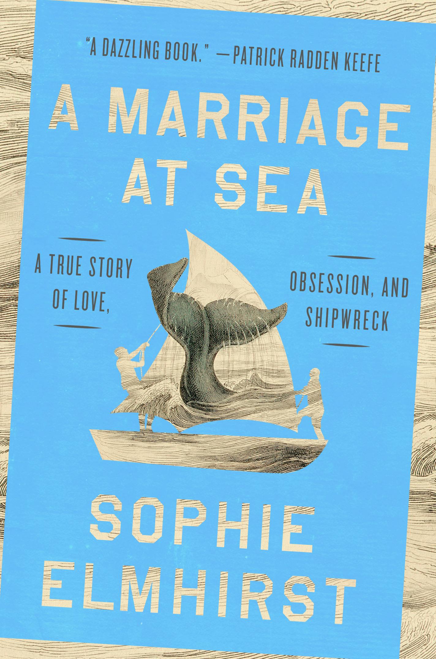 against an ocean blue background, cover of A Marriage at Sea has an old-timey, etched loking illustration of a sailboat and a whale