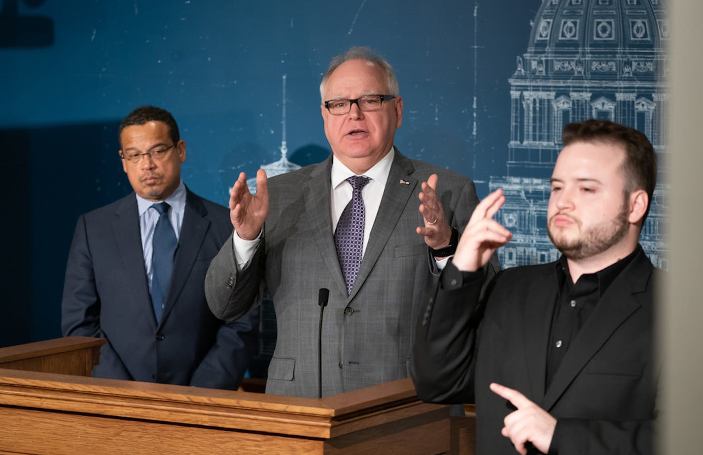 Gov. Tim Walz spoke Friday about community mitigation strategies for the COVID-19 pandemic, with Minnesota Health Commissioner Jan Malcolm and Attorney General Keith Ellison.