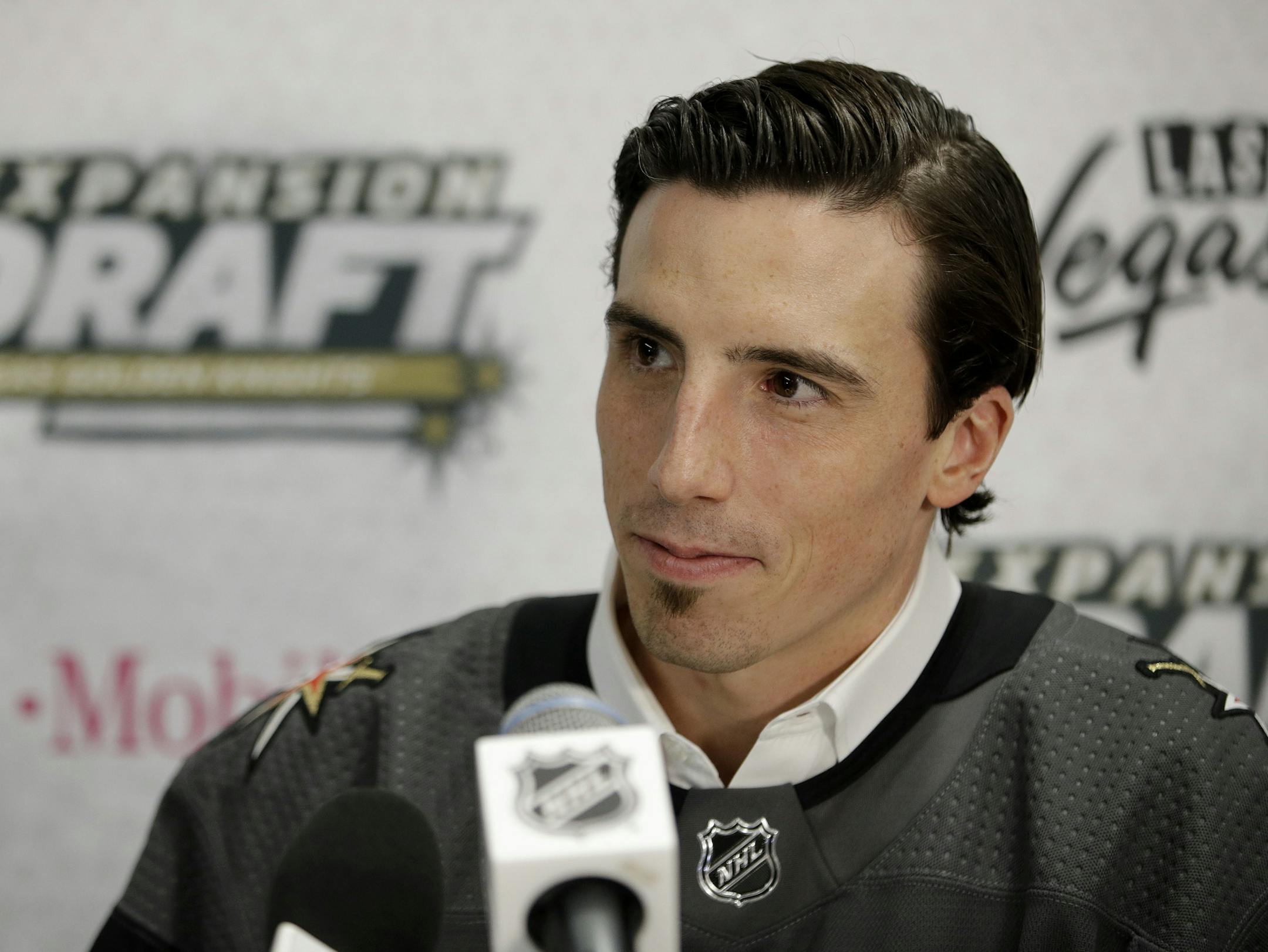 Vegas Golden Knights' Marc-Andre Fleury speaks with the media Wednesday, June 21, 2017, in Las Vegas. Fleury was picked by the team in the NHL hockey expansion draft. (AP Photo/John Locher) ORG XMIT: NVJL156