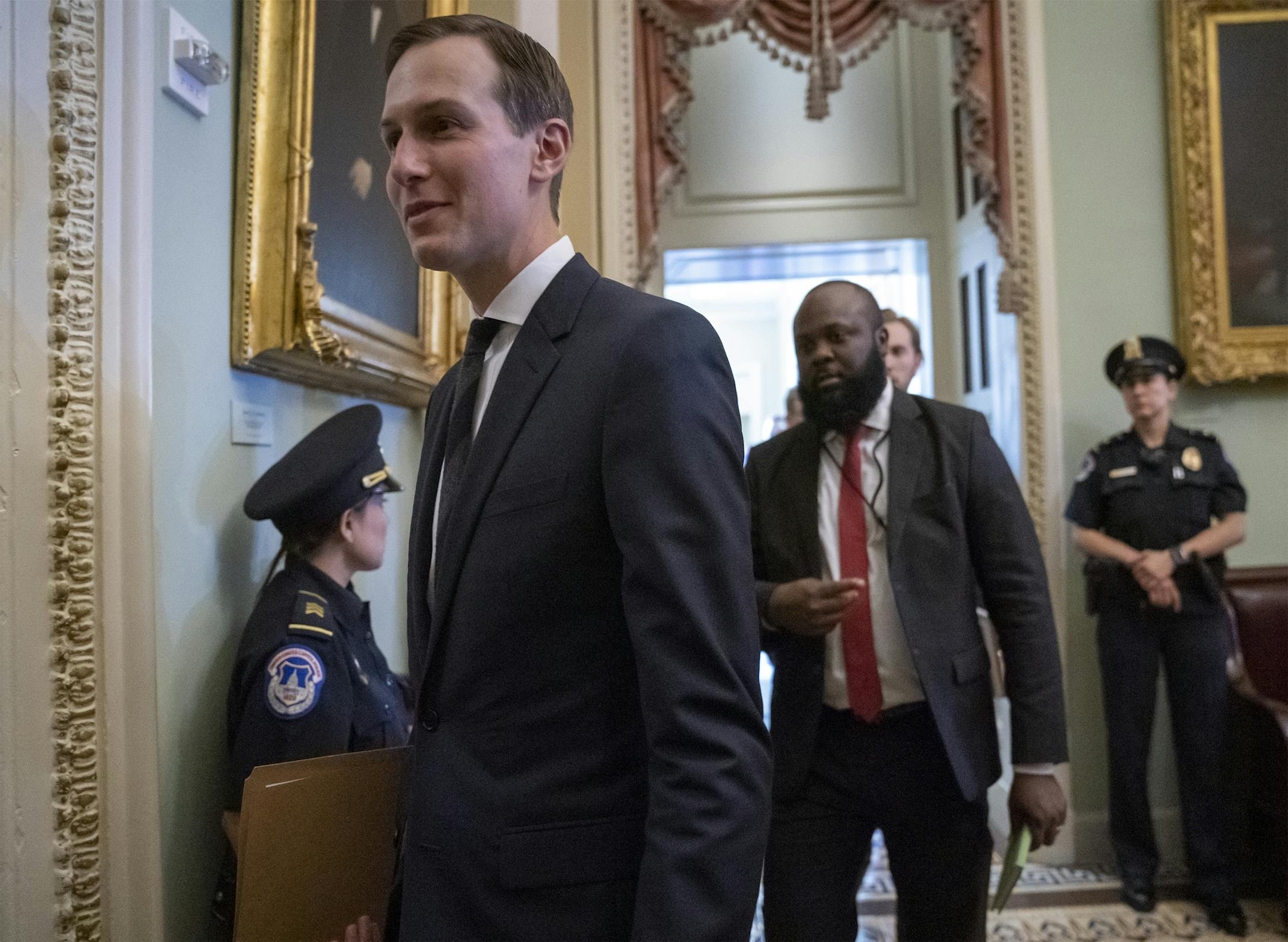 President Donald Trump's senior adviser, and son-in-law, Jared Kushner, departs the Capitol after a meeting with Senate Republicans, in Washington, Tuesday, May 14, 2019. (AP Photo/J. Scott Applewhite)