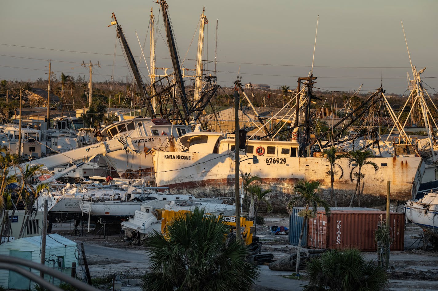 The remains of boats that were tossed around the shorelines by hurricane Ian Tuesday ,Feb.21.2023 in Fort Myers, Fla. ] JERRY HOLT • jerry.holt@startribune.com