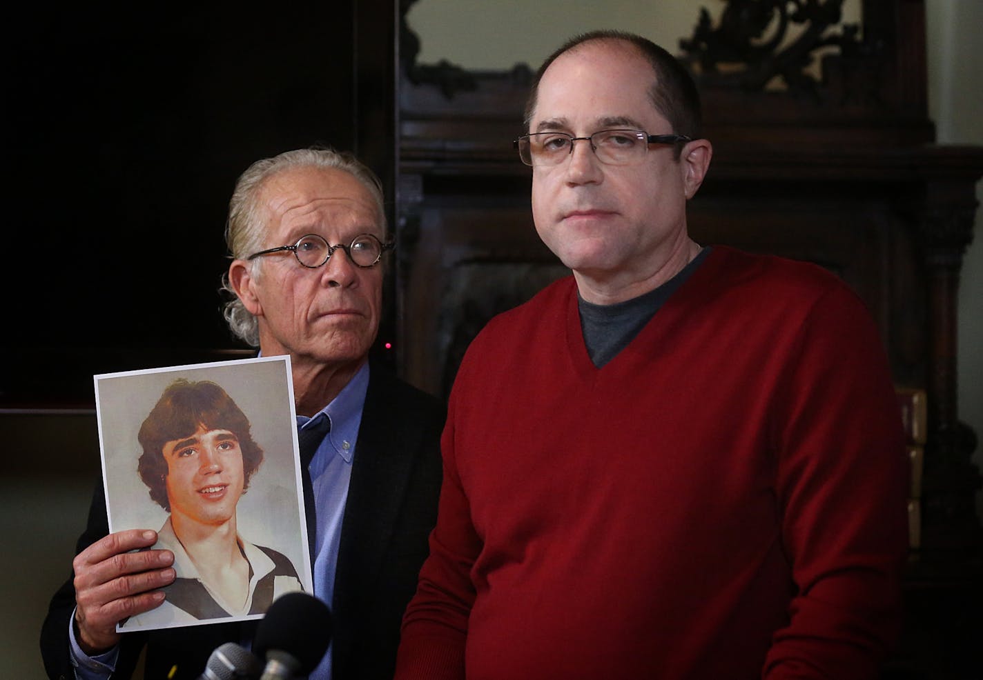 So far, three civil suits have been filed against Donahue. The first was filed by another John Doe who revealed his identity Tuesday. Todd Hildebrandt, right, with lawyer Jeff Anderson, said he has come forward to help others who have suffered abuse.