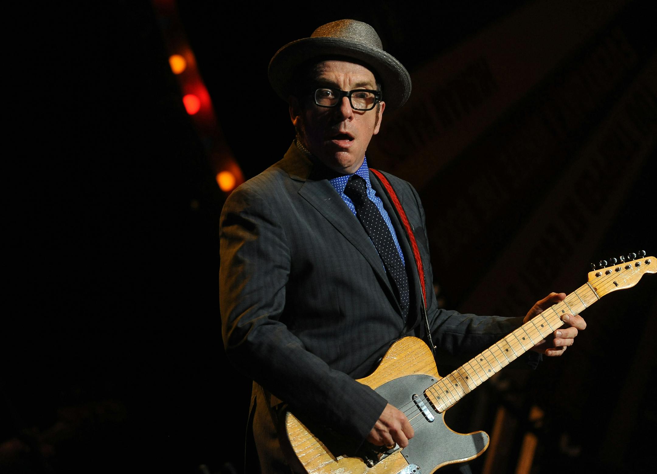 Photo by Leah Millis ‚Ä¢ leah.millis@startribune.com Minneapolis, Minn. June 28, 2011--]Elvis Costello sang and played for a large audience during his concert at the State Theater in downtown Minneapolis.