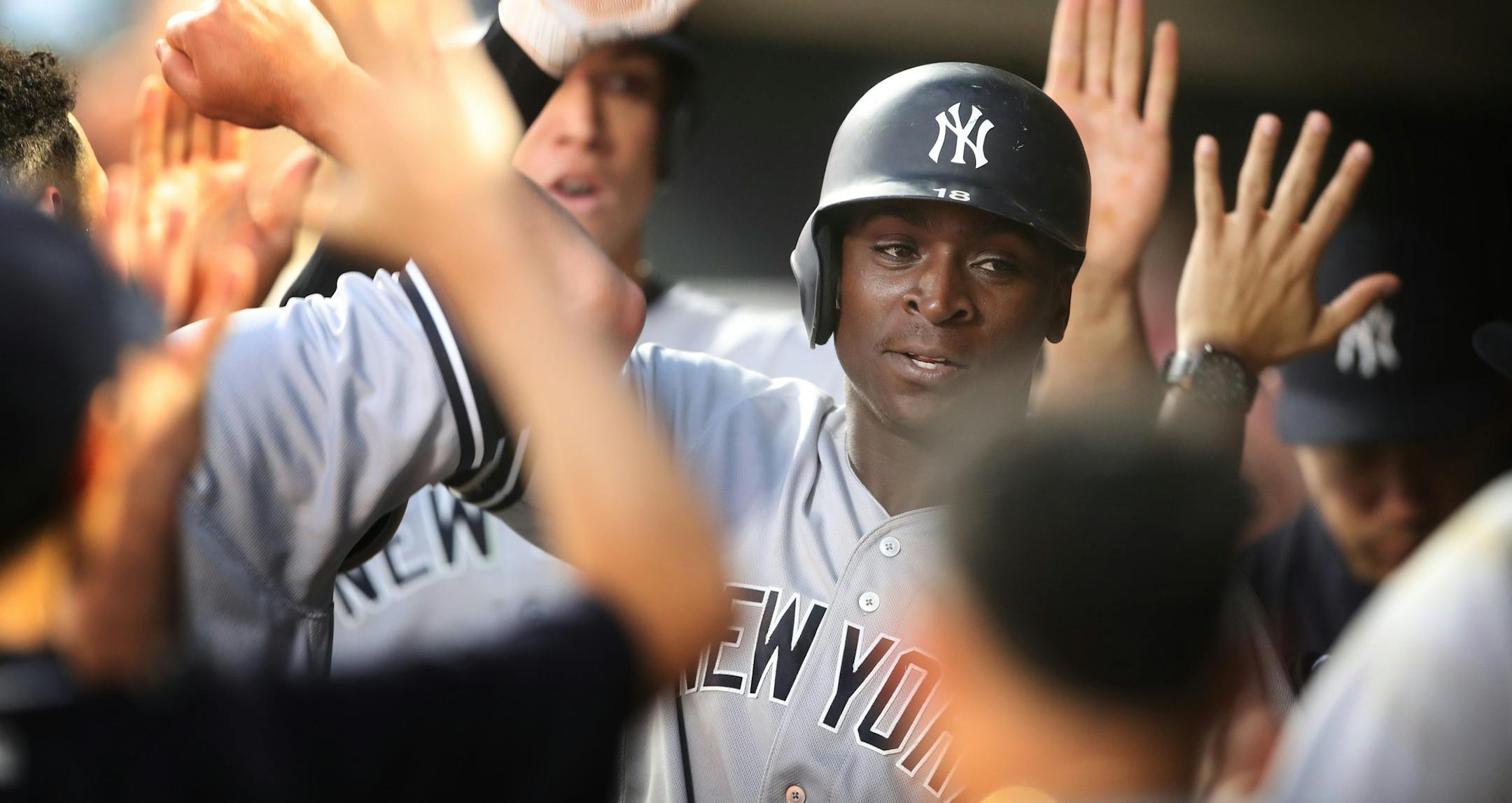 New York Yankees shortstop Didi Gregorius (18) celebrated his two run homer in the firth inning at Target Field Tuesday July 18, 2017 in Minneapolis, MN. ] JERRY HOLT ï jerry.holt@startribune.com