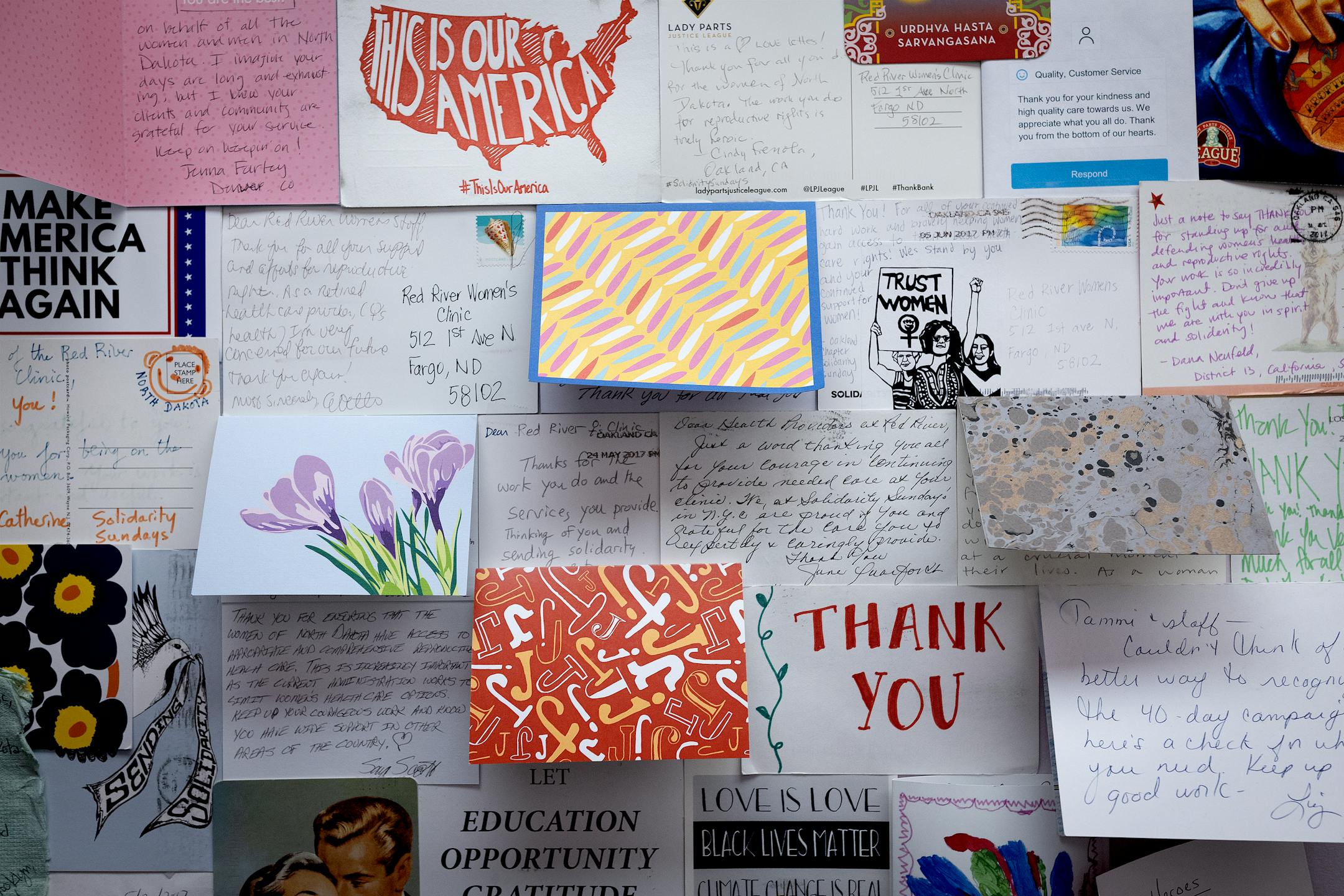 Notes of support were pinned on a wall at the old Fargo Red River Women's Clinic.