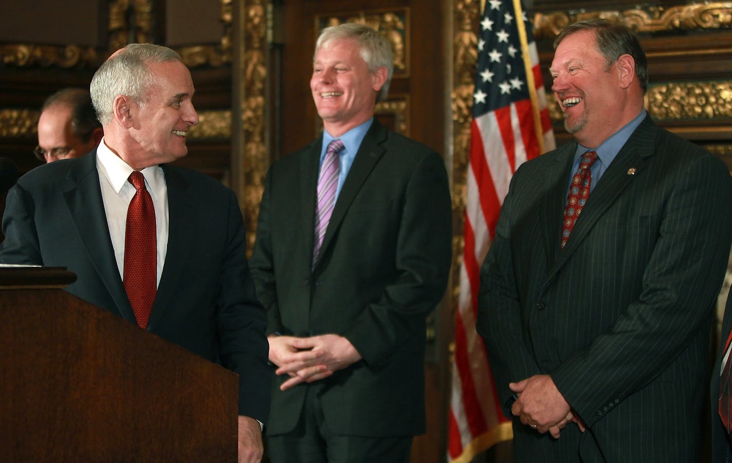 Gov. Mark Dayton, left, announced his plan to stimulate job growth Wednesday at the State Capitol. He was joined by DFL minority leaders, Rep. Paul Thissen, center, and Sen. Tom Bakk.