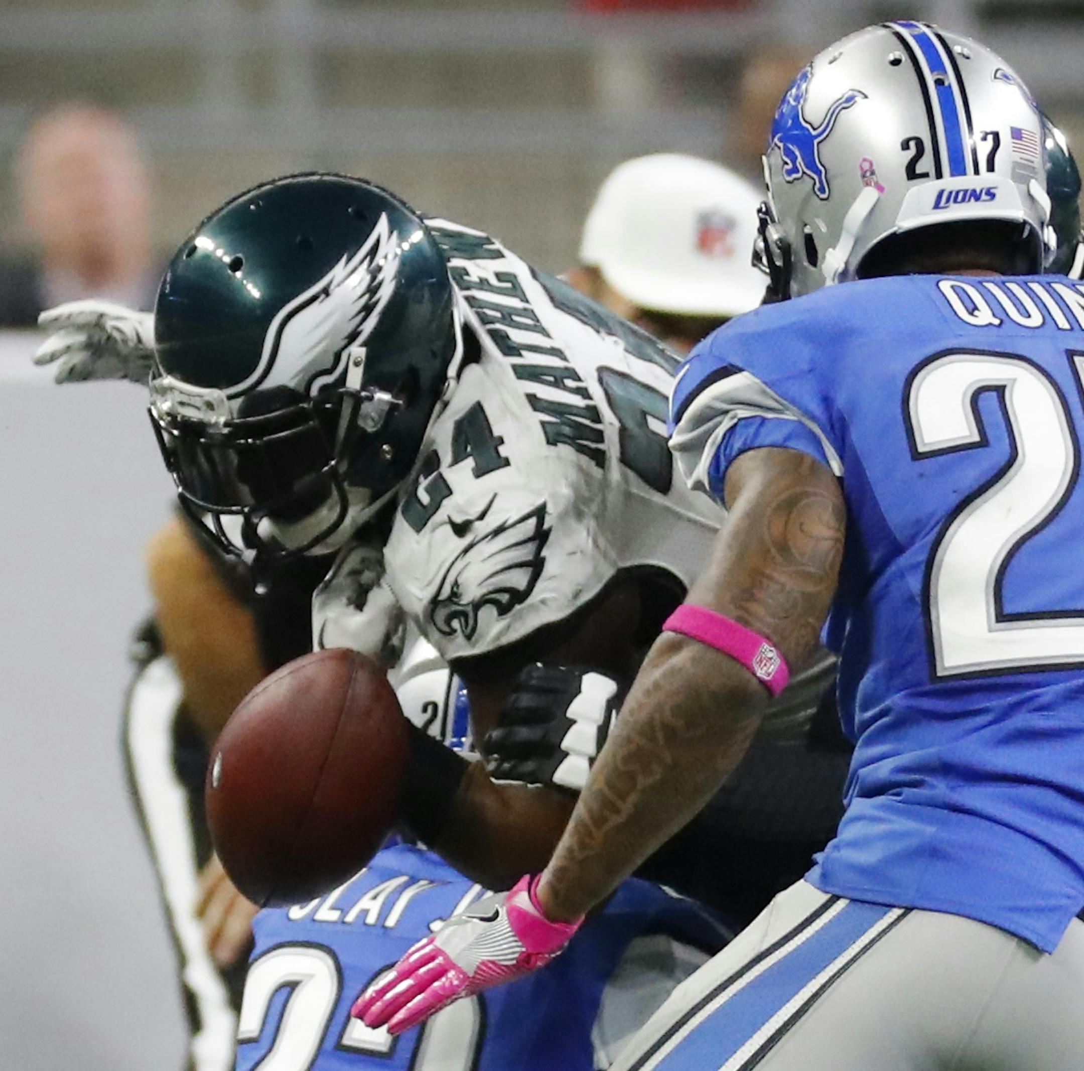 Detroit Lions cornerback Darius Slay (23) hits Philadelphia Eagles running back Ryan Mathews and forces a fumble during the second half of an NFL football game, Sunday, Oct. 9, 2016, in Detroit. (AP Photo/Rick Osentoski)