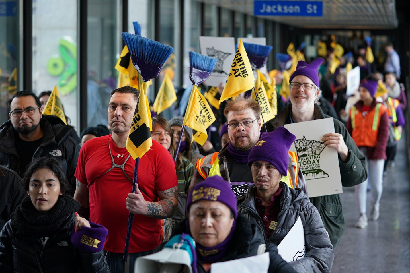 SEIU workers marched through the skyways of St Paul Monday, from Town Square to City Hall. Workers claim they've experienced wage theft and that their employers are not complying with the city's Earned Sick and Safe Time law. ] GLEN STUBBE &#x2022; glen.stubbe@startribune.com Monday, December 16, 2019