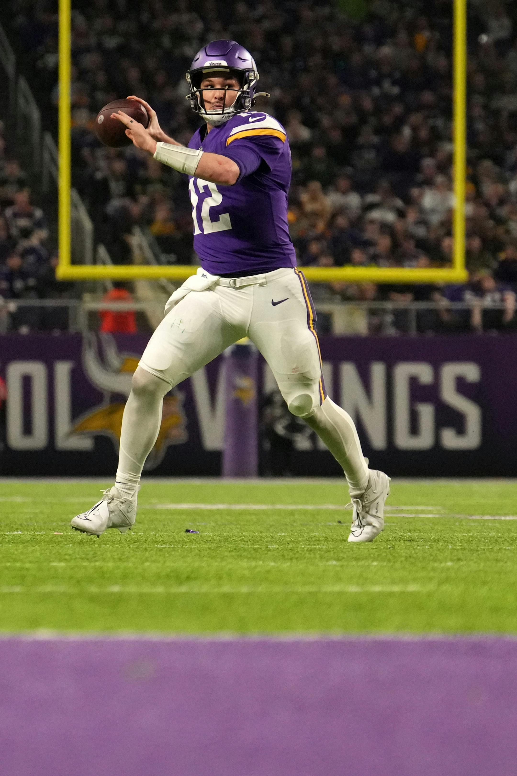 Minnesota Vikings quarterback Nick Mullens (12) throws the ball away in the fourth quarter of an NFL game between the Minnesota Vikings and the Green Bay Packers Sunday, Dec. 31, 2023 at U.S. Bank Stadium in Minneapolis. ] ANTHONY SOUFFLE • anthony.souffle@startribune.com