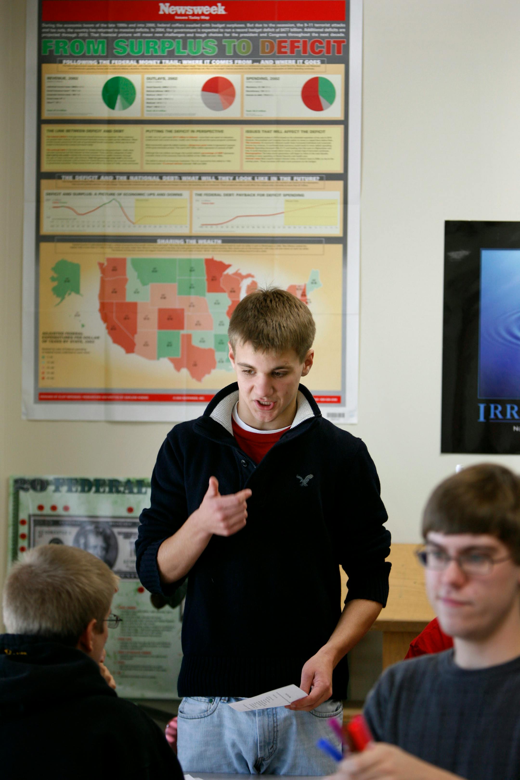 October 28, 2008 - Mendota Heights, MN - "The election motivates me because one of the major issues is the economic crisis that will effect my generation," said Charlie Berg, 17, during Mary Beth Townsend's economics class at Henry Sibley High School. Berg, who's father, a plumber that has been hit hard with the current housing crisis, is learning about current news articles regarding the current market and economic meltddown.