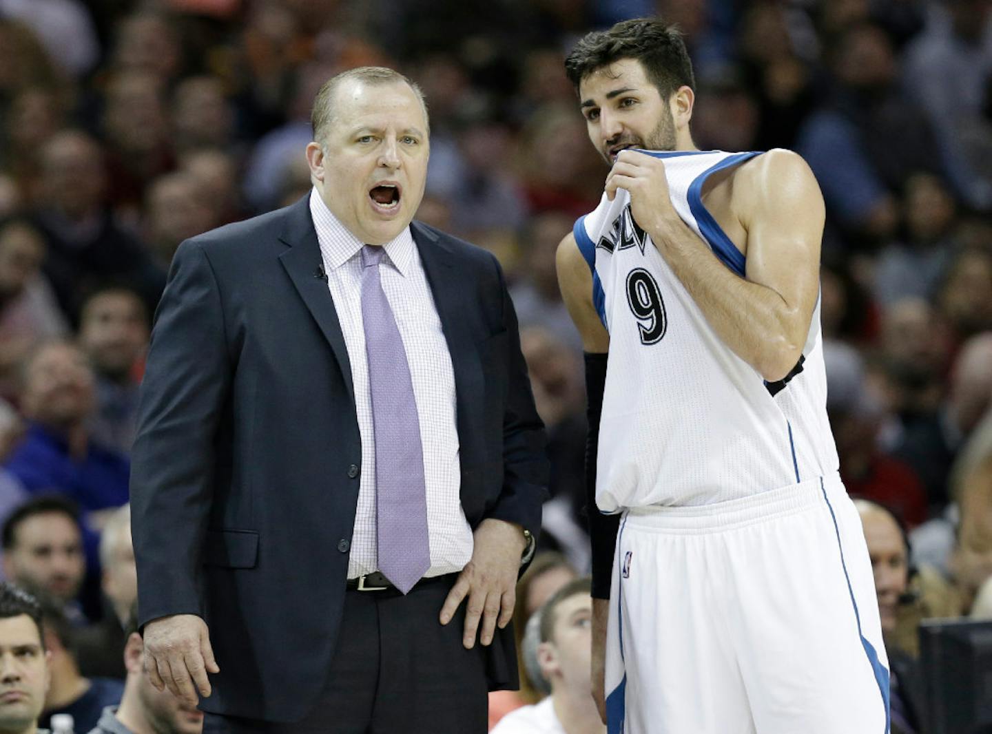 Minnesota Timberwolves head coach Tom Thibodeau, left, talks with Ricky Rubio in the second half of a game in February.