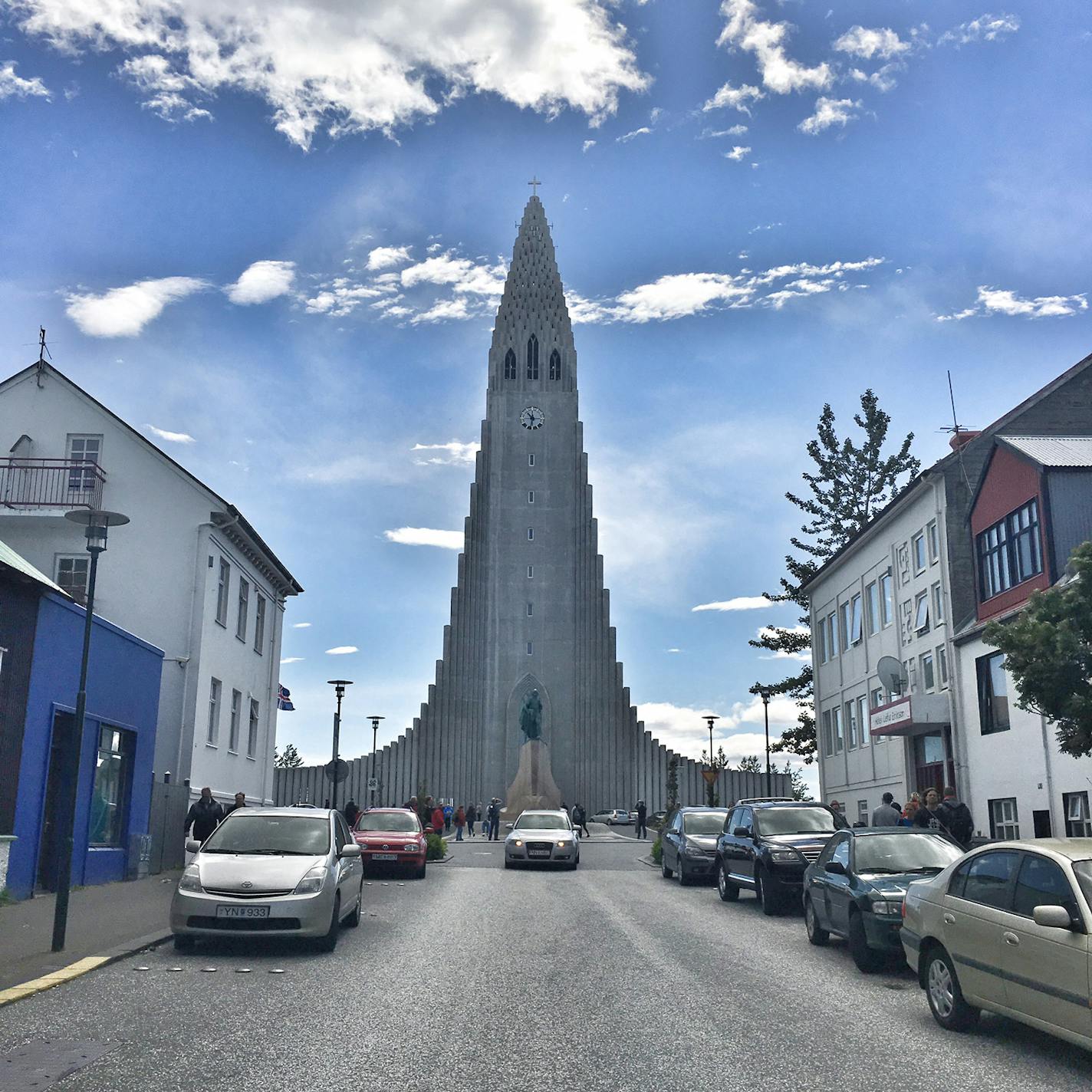 Hallgrímskirkja church in Reykjavík, Iceland. A statue of Leif Eiriksson stands in front of the church and predates it by 15 years. Photo by James Lileks