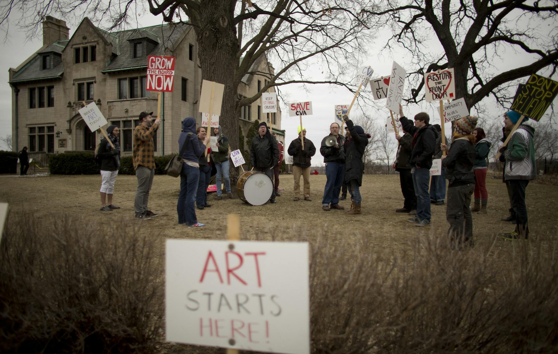 While its board met inside the College of Visual Arts, left, to possibly decide the future of the St. Paul college of art and design Tuesday afternoon, April 9, 2012, about 25 students, alumni, and friends demonstrated on the front lawn in the hope that it will be allowed to stay open. ] JEFF WHEELER &#x201a;&#xc4;&#xa2; jeff.wheeler@startribune.com