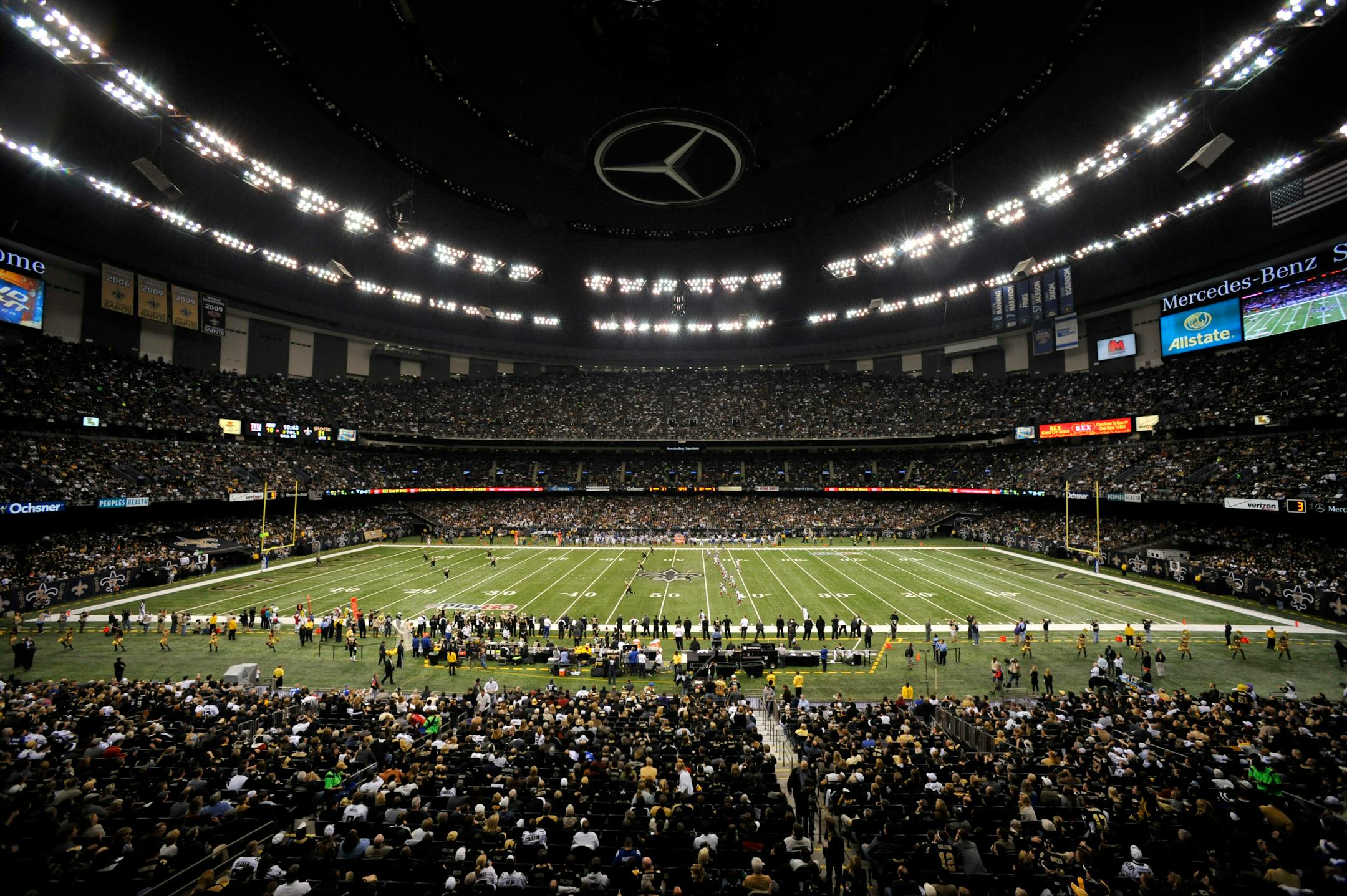 Inside the Mercedes-Benz Superdome during the third quarter of an NFL football game between the New Orleans Saints and the New York Giants in New Orleans, Monday, Nov. 28, 2011. (AP Photo/Bill Feig)