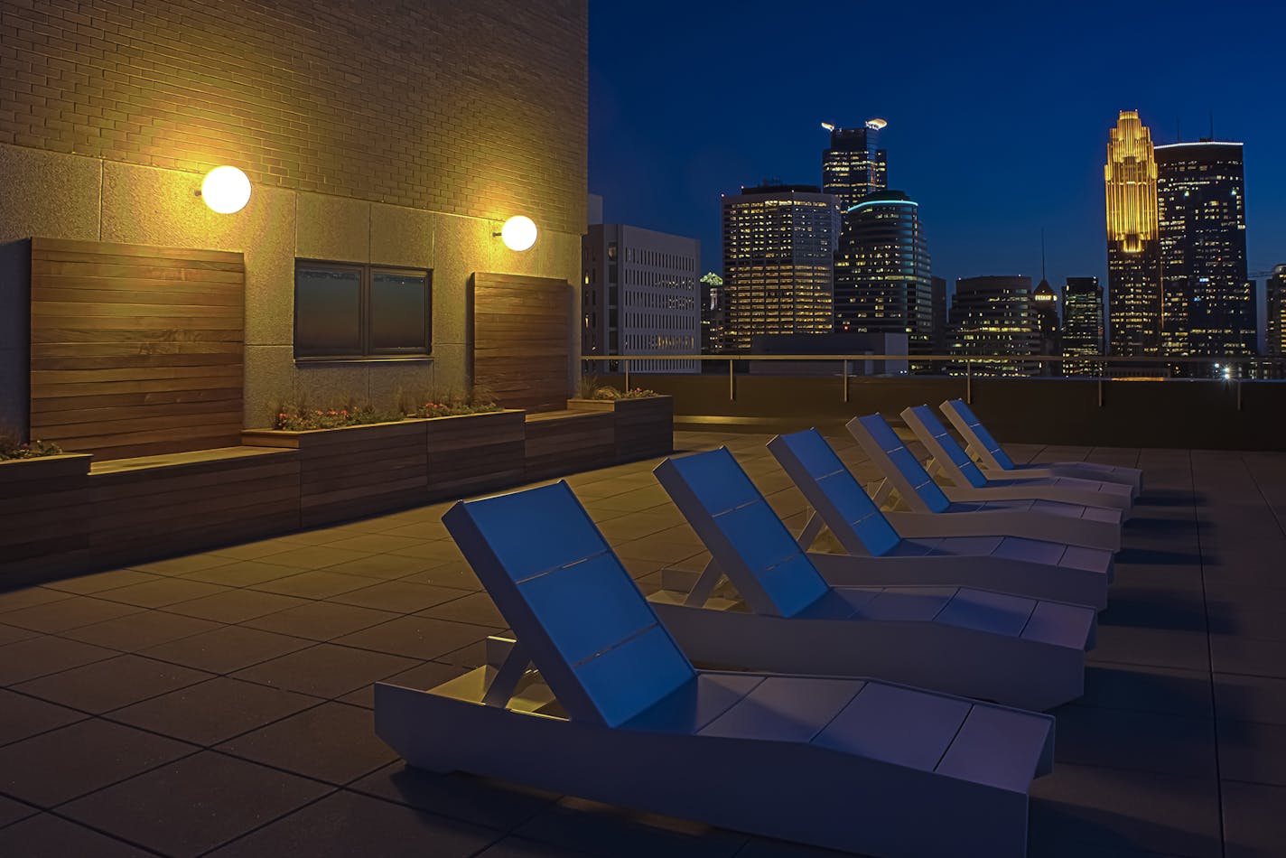 A view of the Minneapolis skyline from the Towers apartments rooftop patio.