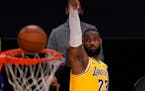 Los Angeles Lakers forward LeBron James shoots during the first half of an NBA basketball game against the Oklahoma City Thunder Monday, Feb. 8, 2021,