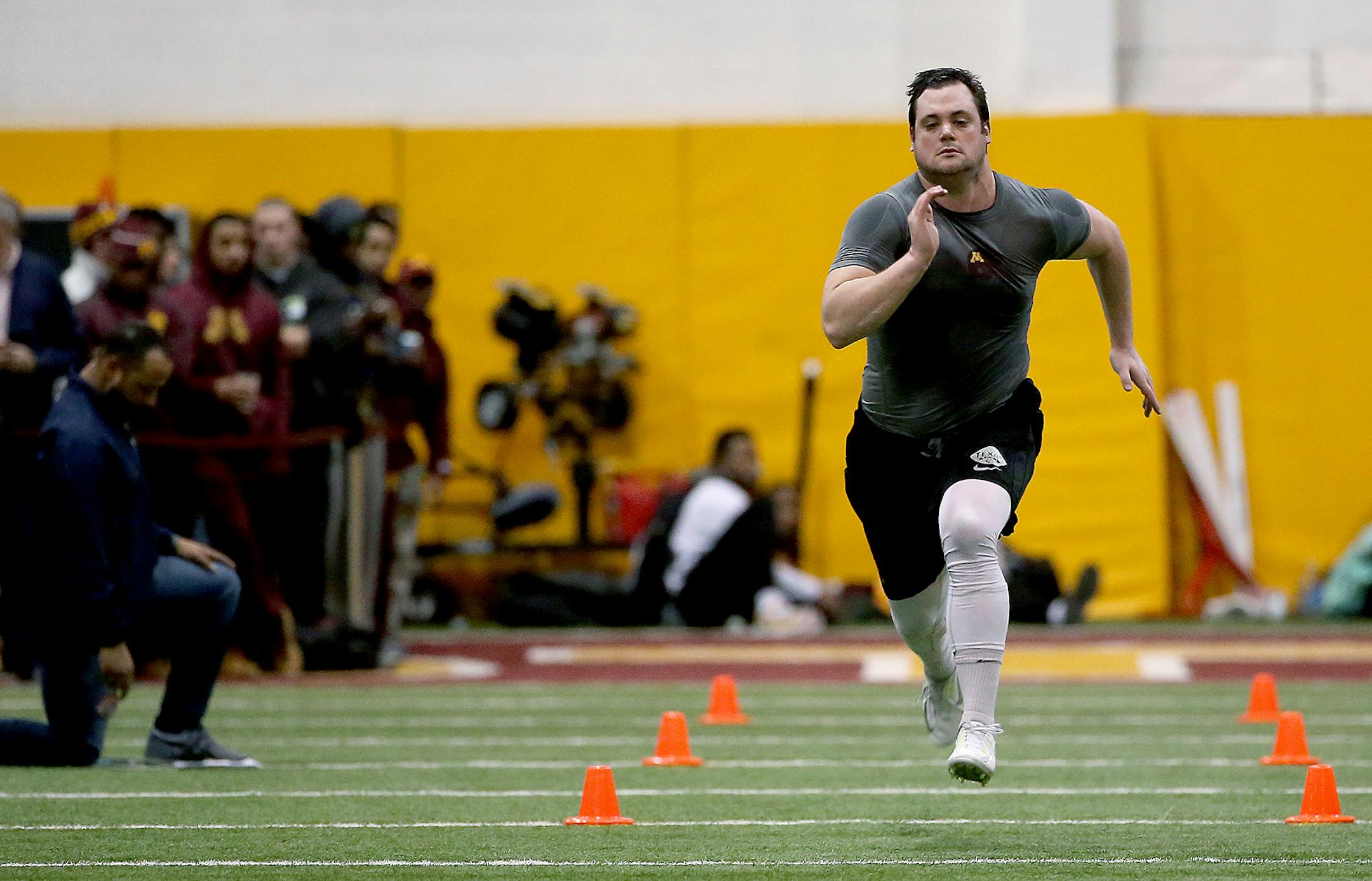 University of Minnesota's Cameron Botticelli ran a 40-yard run before NFL scouts during Pro Day at the Nagurski building on campus, Monday, March 2, 2015. ] (ELIZABETH FLORES/STAR TRIBUNE) ELIZABETH FLORES � eflores@startribune.com