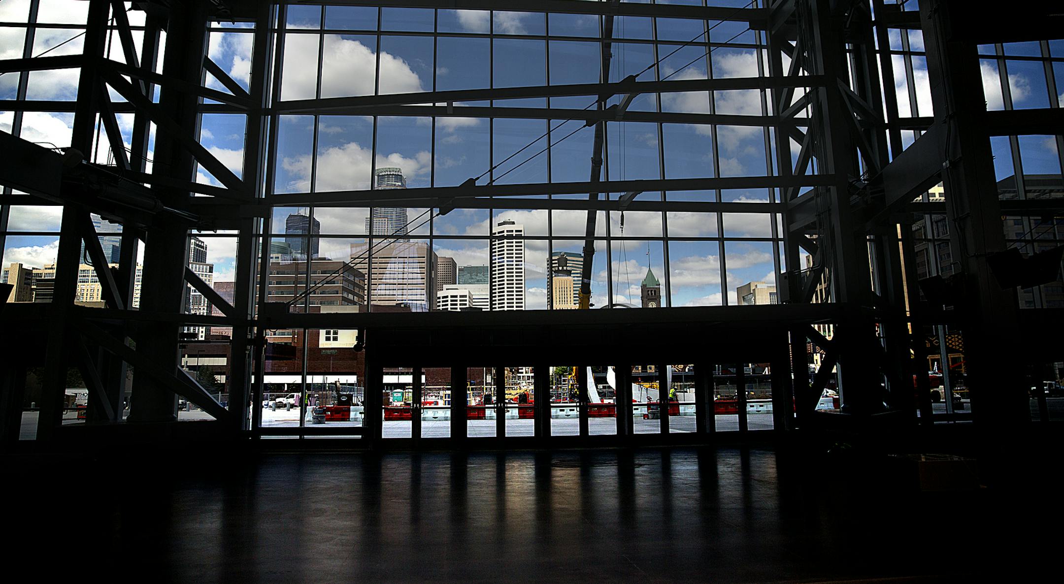 The downtown Minneapolis skyline is visible from locations inside US Bank Stadium.