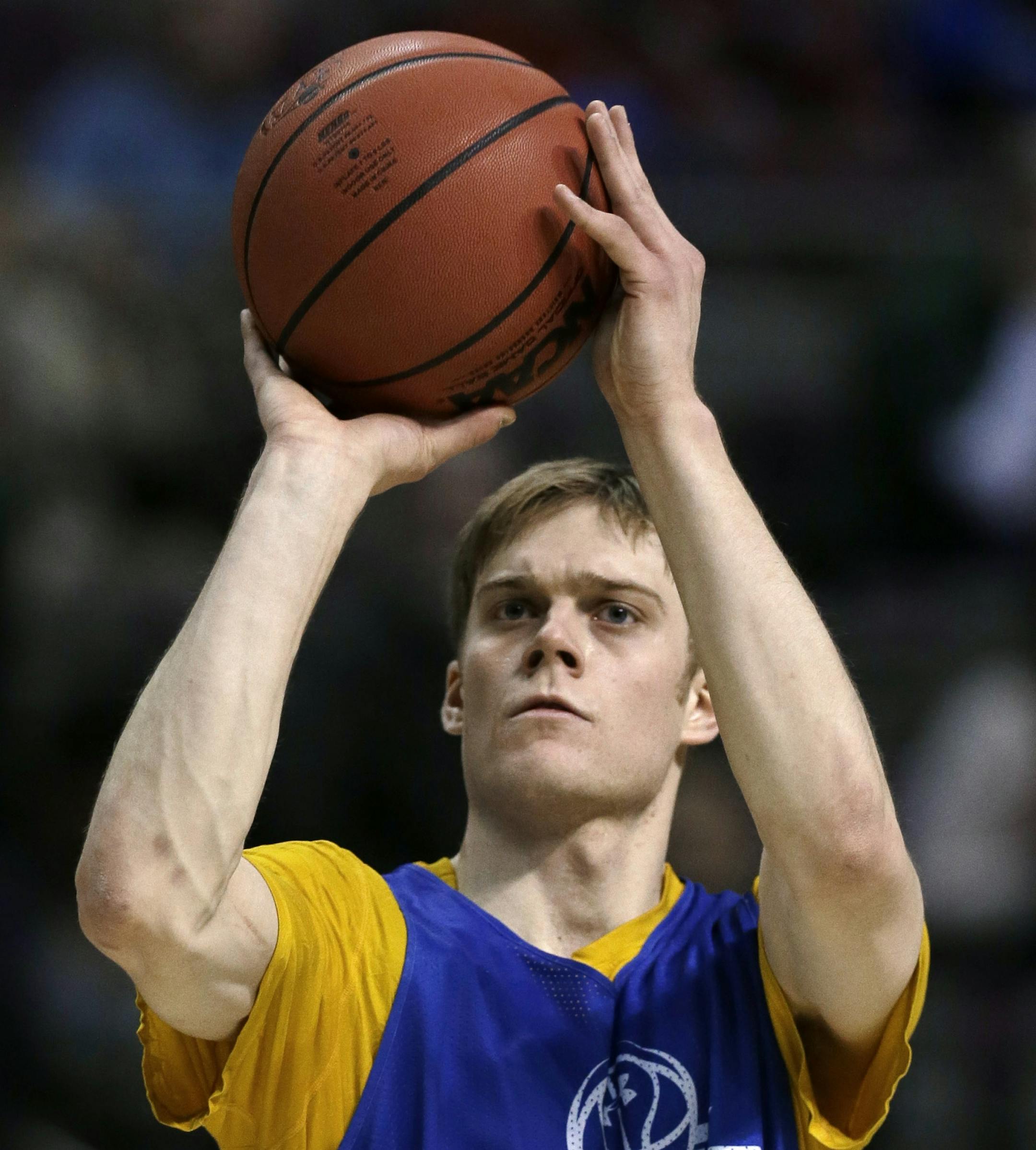 South Dakota State guard Nate Wolters shoots during practice at the NCAA college basketball tournament at The Palace in Auburn Hills, Wednesday, March 20, 2013. South Dakota State plays Michigan on Thursday in the second round. (AP Photo/Paul Sancya) ORG XMIT: MIPS105