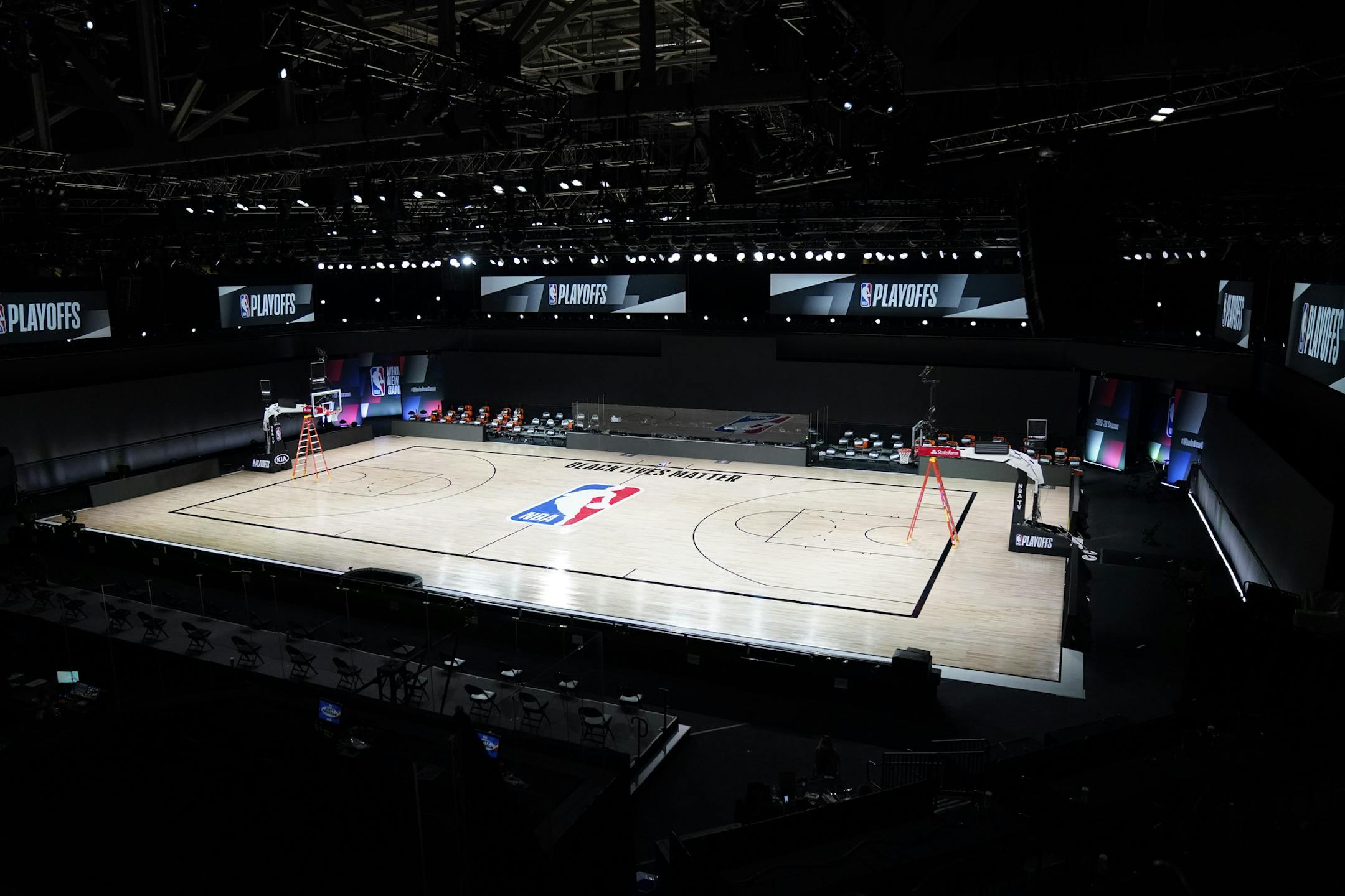 NBA basketball arenas are empty Friday, Aug. 28, 2020, at Walt Disney World in Lake Buena Vista, Fla. (AP Photo/Ashley Landis, Pool)