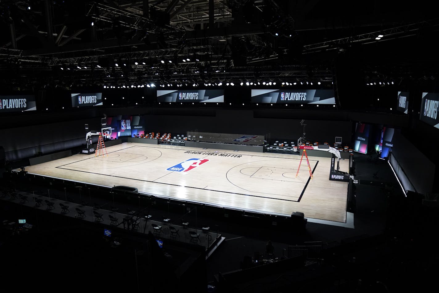 NBA basketball arenas are empty Friday, Aug. 28, 2020, at Walt Disney World in Lake Buena Vista, Fla. (AP Photo/Ashley Landis, Pool)