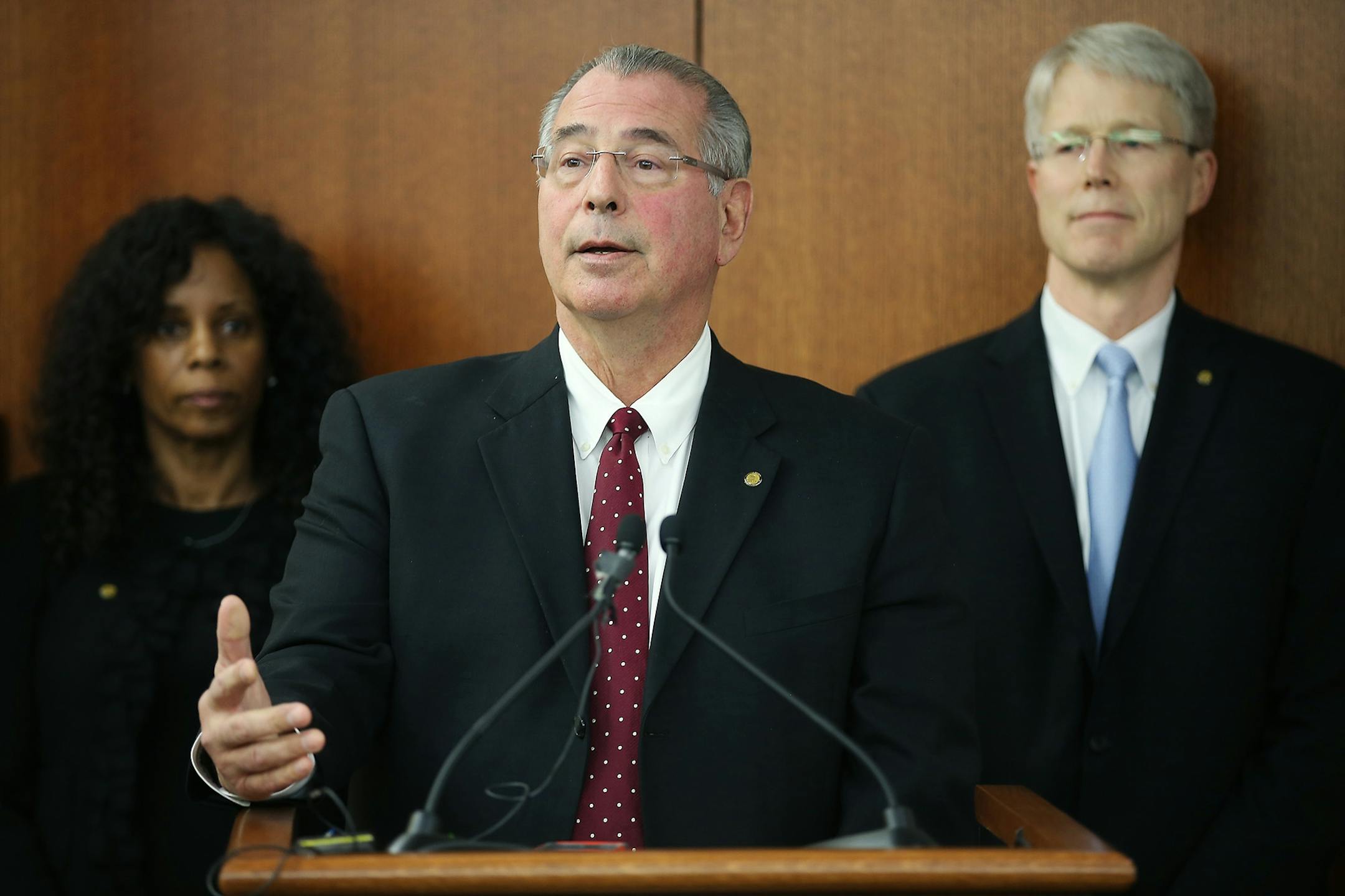 Hennepin County Attorney Mike Freeman speaks during a news conference Wednesday, March 16, 2016, at the Government Center in Minneapolis. Freeman said Wednesday that after months of careful consideration, he's decided he will not rely on a grand jury to determine whether two Minneapolis police officers should be charged in the shooting death of Jamar Clark. Freeman said he will make the charging decision himself. (Elizabeth Flores/Star Tribune via AP) MANDATORY CREDIT; ST. PAUL PIONEER PRESS OUT