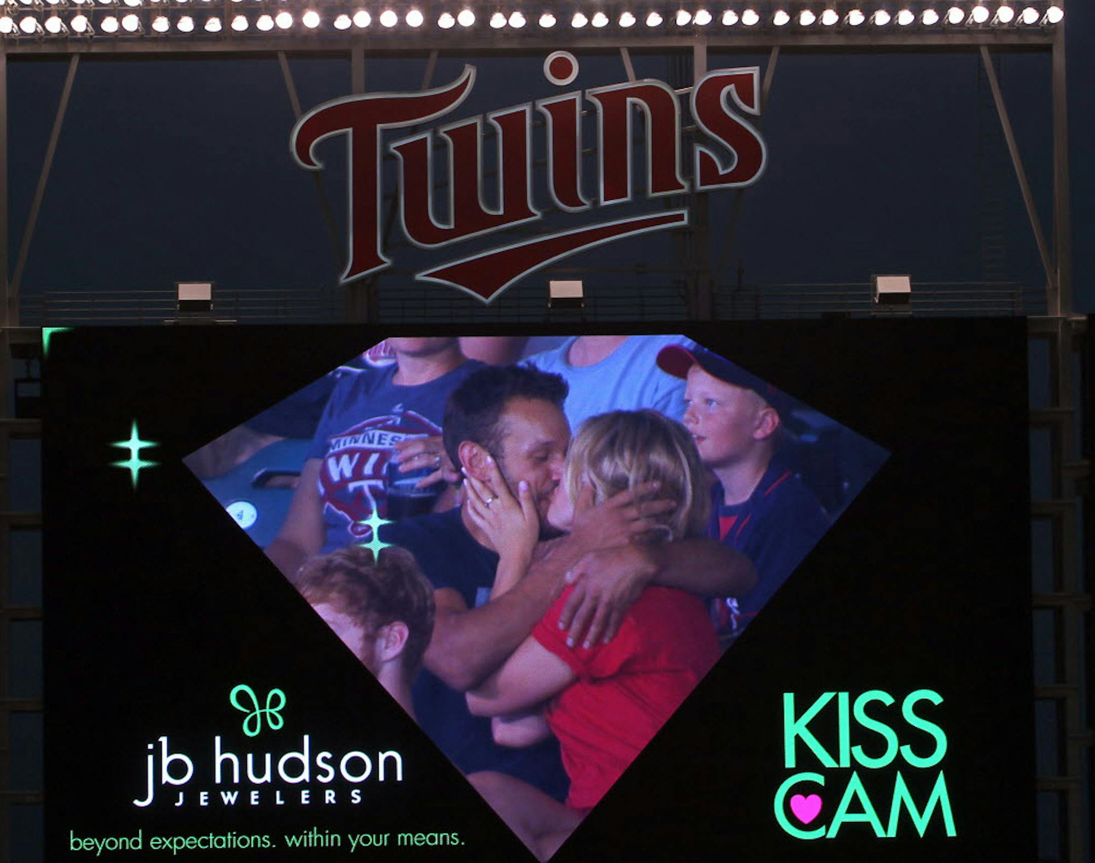 A couple kissed during the popular kiss-cam segment during the sixth inning of a recent Twins game at Target Field in downtown Minneapolis.