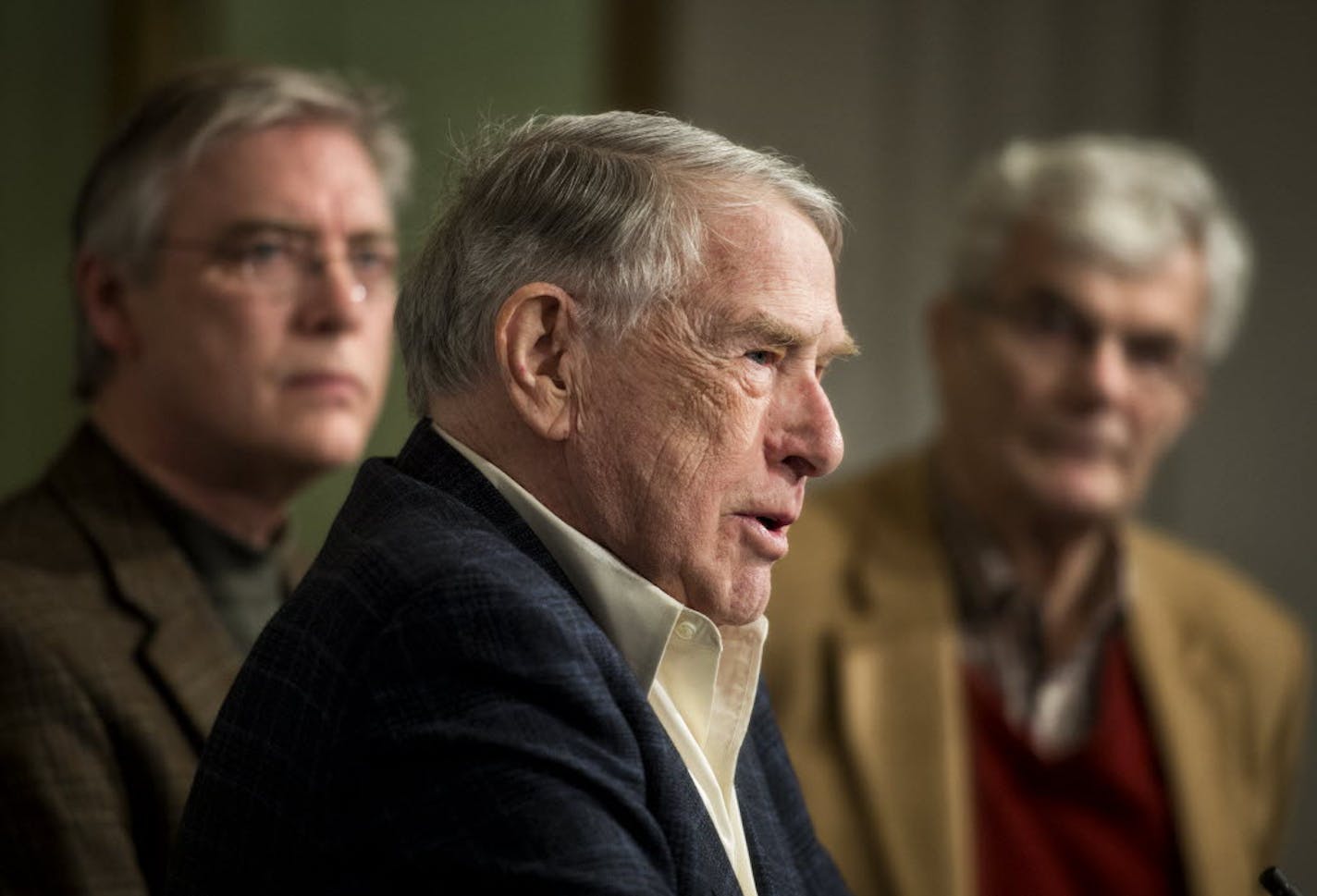 Former Rep. Martin Sabo, center, flanked by Former Rep. Tim Penny and former Senator Rudy Boschwitz launched the Minnesota chapter of Fix the Debt. The Campaign to Fix the Debt is a national bipartisan effort of over 300,000 business leaders, former elected officials and others urging lawmakers in Washington to set aside partisan politics and formulate practical solutions to our national debt problems.Tuesday, January 15, 2013. ] GLEN STUBBE * gstubbe@startribune.com standalone Publication Date: